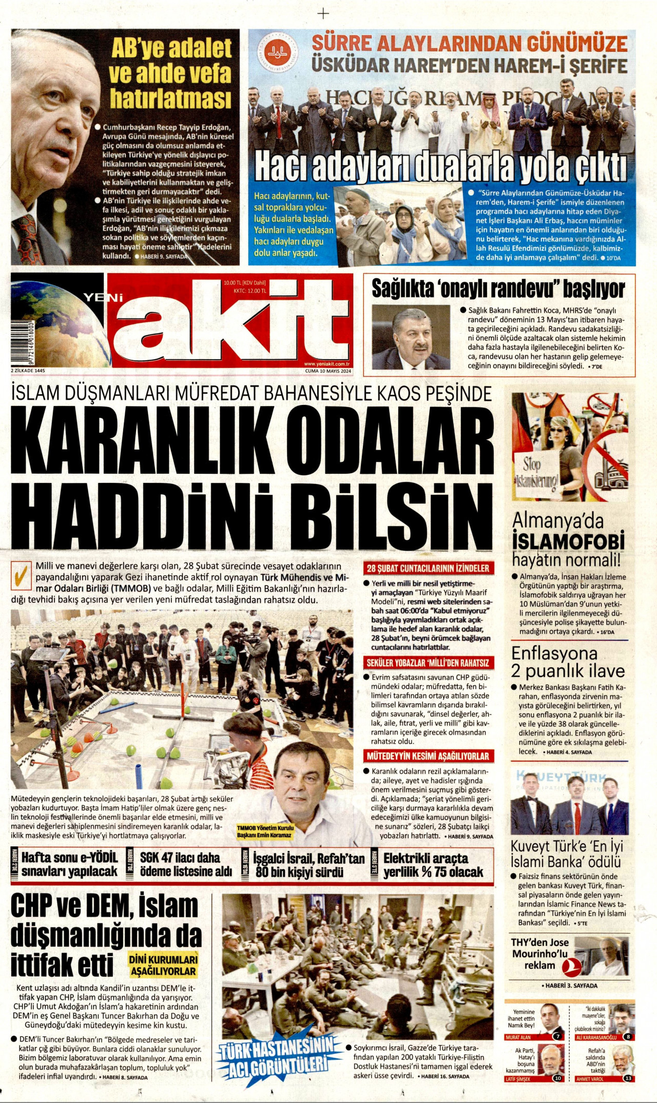 YENİ AKİT gazetesinin 10 Mayıs 2024 tarihli birinci sayfası