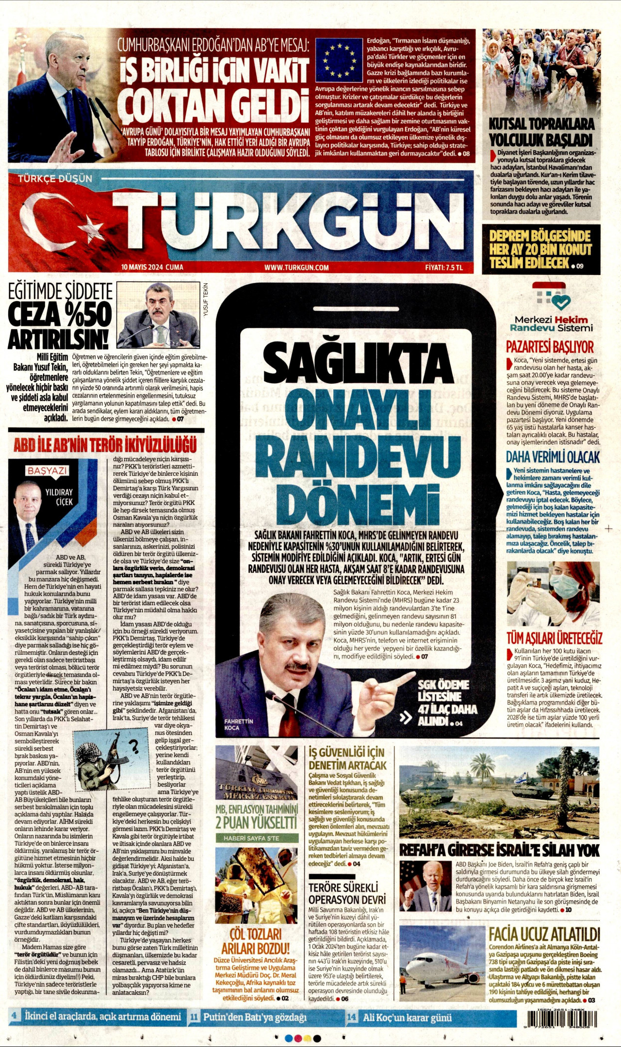 TÜRKGÜN gazetesinin 10 Mayıs 2024 tarihli birinci sayfası