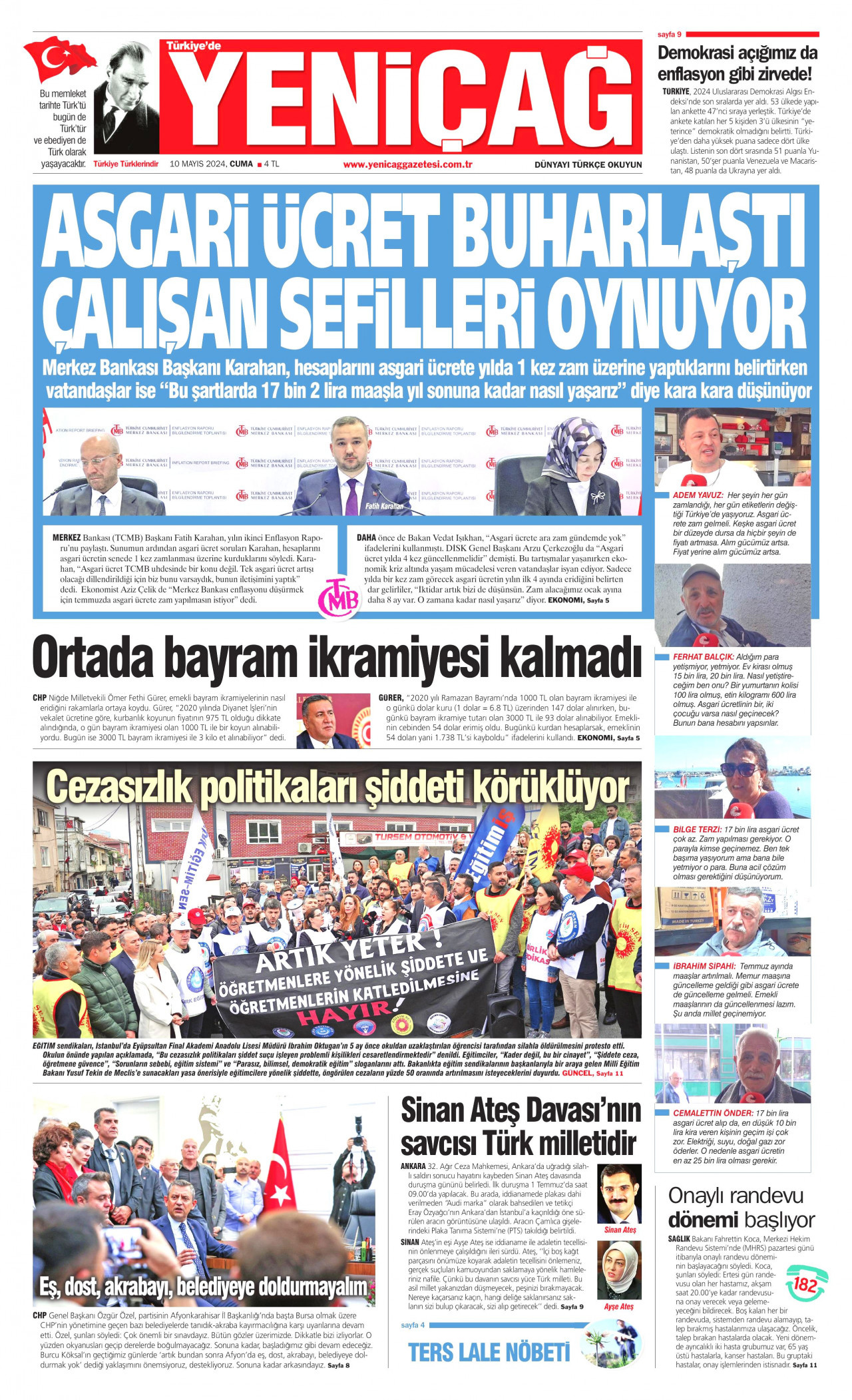 YENİÇAĞ gazetesinin 10 Mayıs 2024 tarihli birinci sayfası