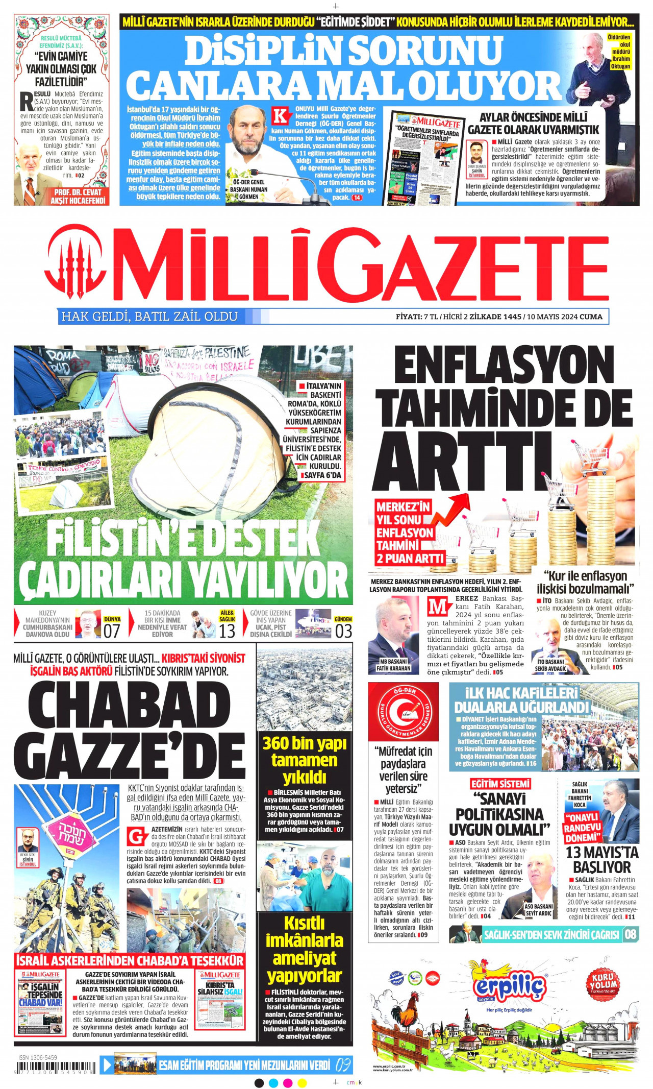 MİLLİ GAZETE gazetesinin 10 Mayıs 2024 tarihli birinci sayfası