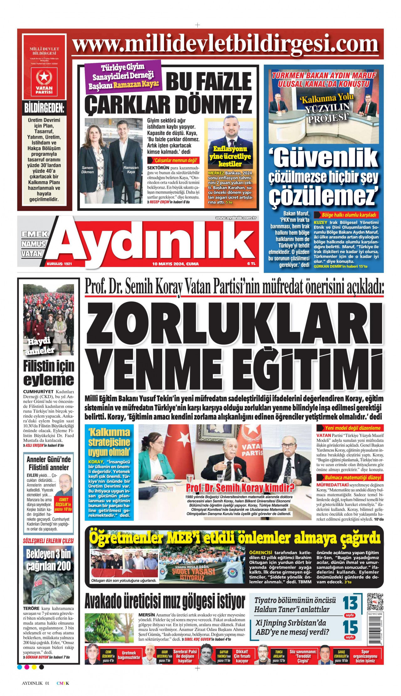 AYDINLIK GAZETESİ gazetesinin 10 Mayıs 2024 tarihli birinci sayfası