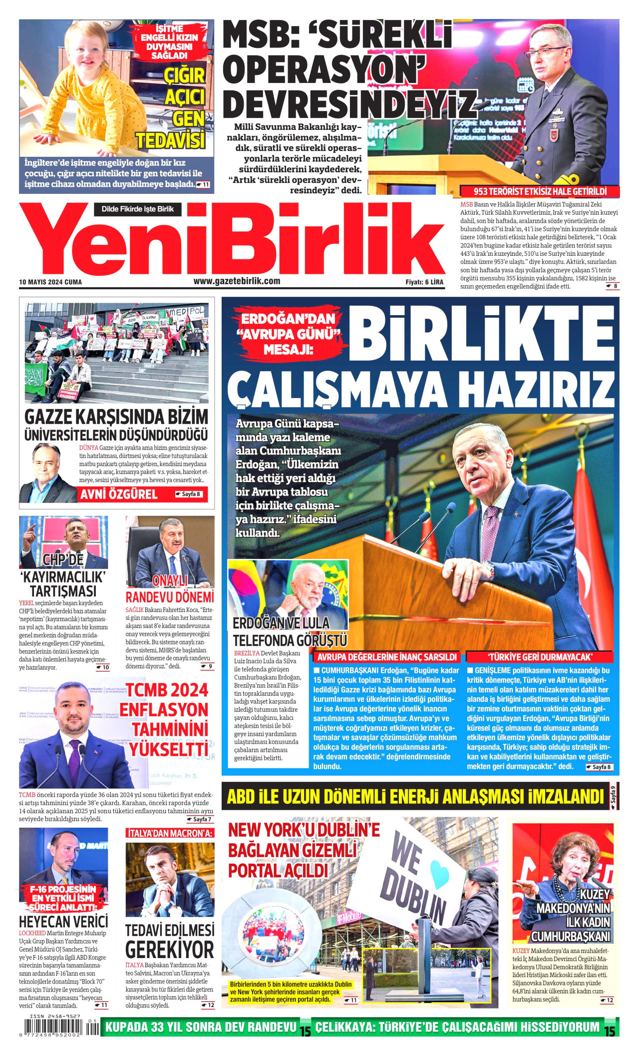 YENİBİRLİK gazetesinin 10 Mayıs 2024 tarihli birinci sayfası