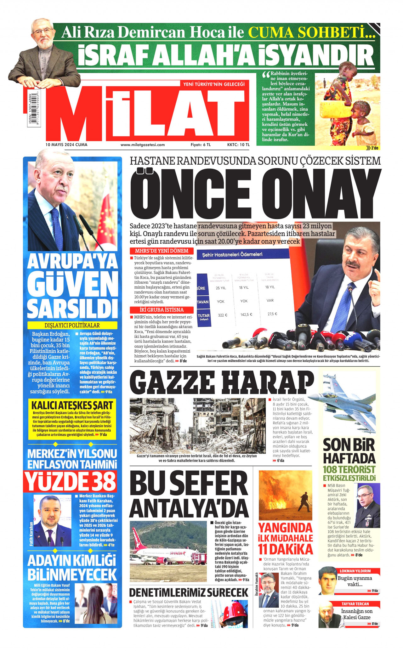 MİLAT gazetesinin 10 Mayıs 2024 tarihli birinci sayfası