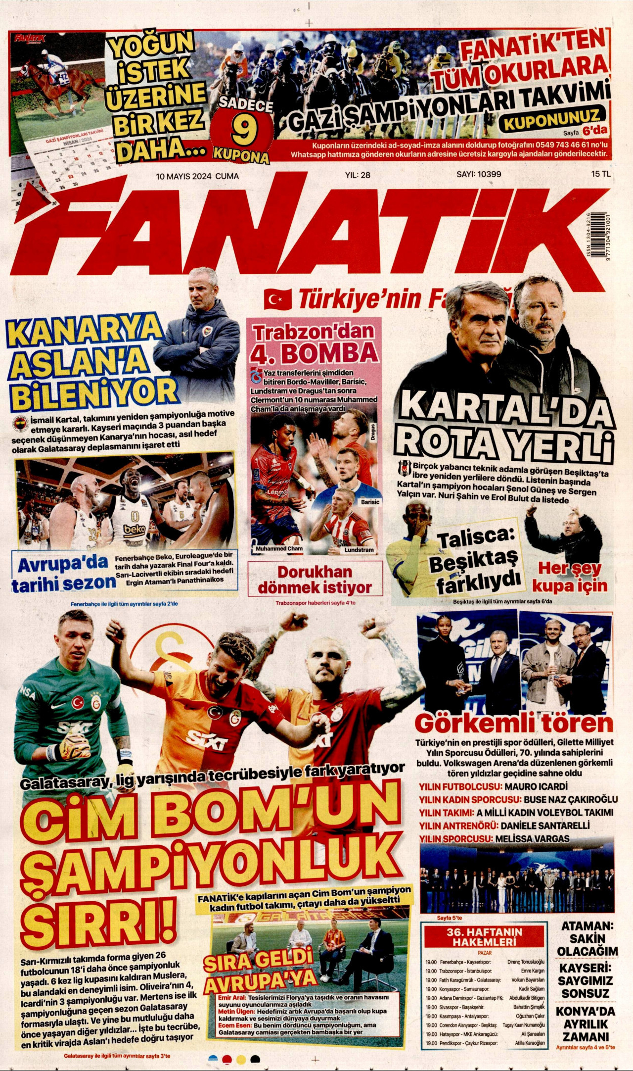 FANATİK gazetesinin 10 Mayıs 2024 tarihli birinci sayfası