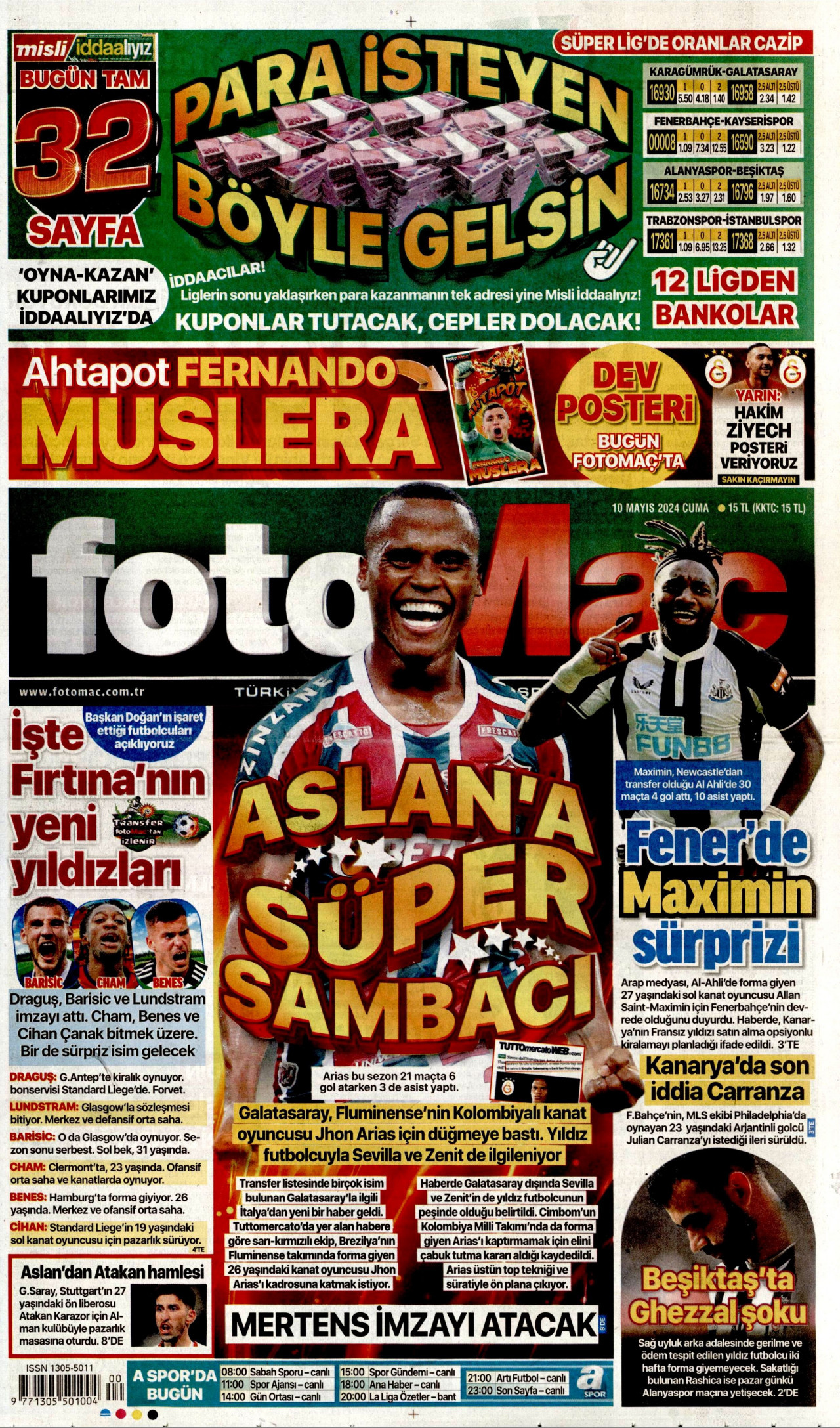 FOTOMAÇ gazetesinin 10 Mayıs 2024 tarihli birinci sayfası
