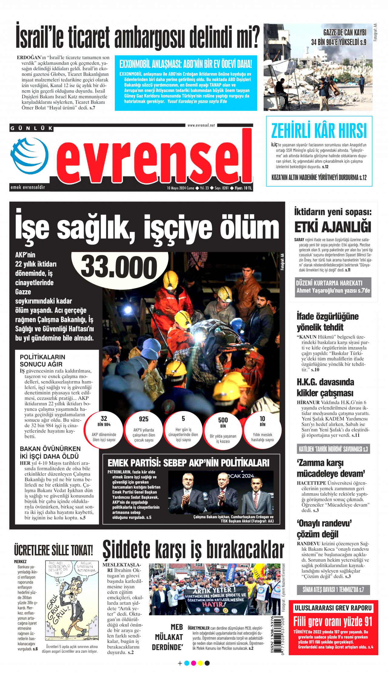 EVRENSEL gazetesinin 10 Mayıs 2024 tarihli birinci sayfası