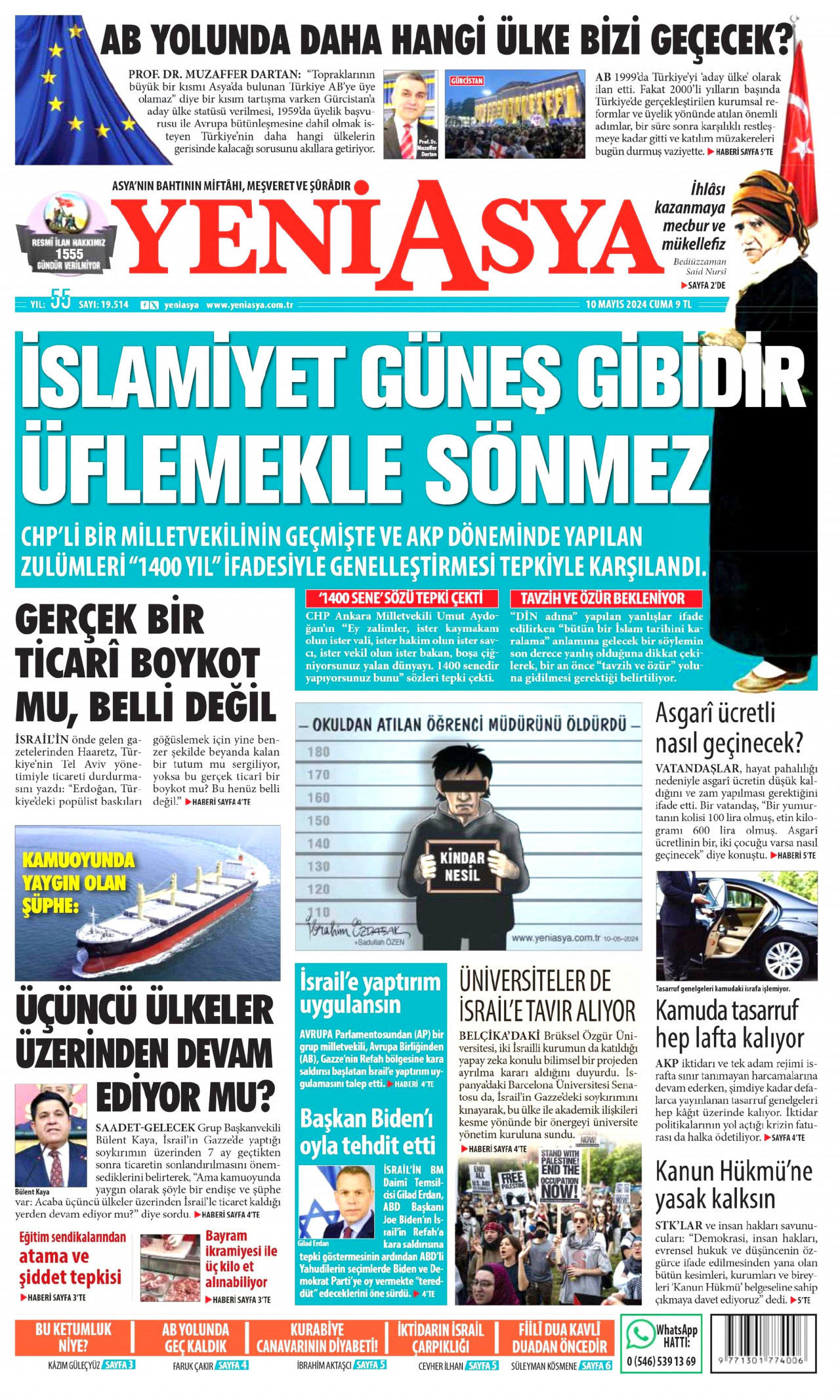 YENİ ASYA gazetesinin 10 Mayıs 2024 tarihli birinci sayfası