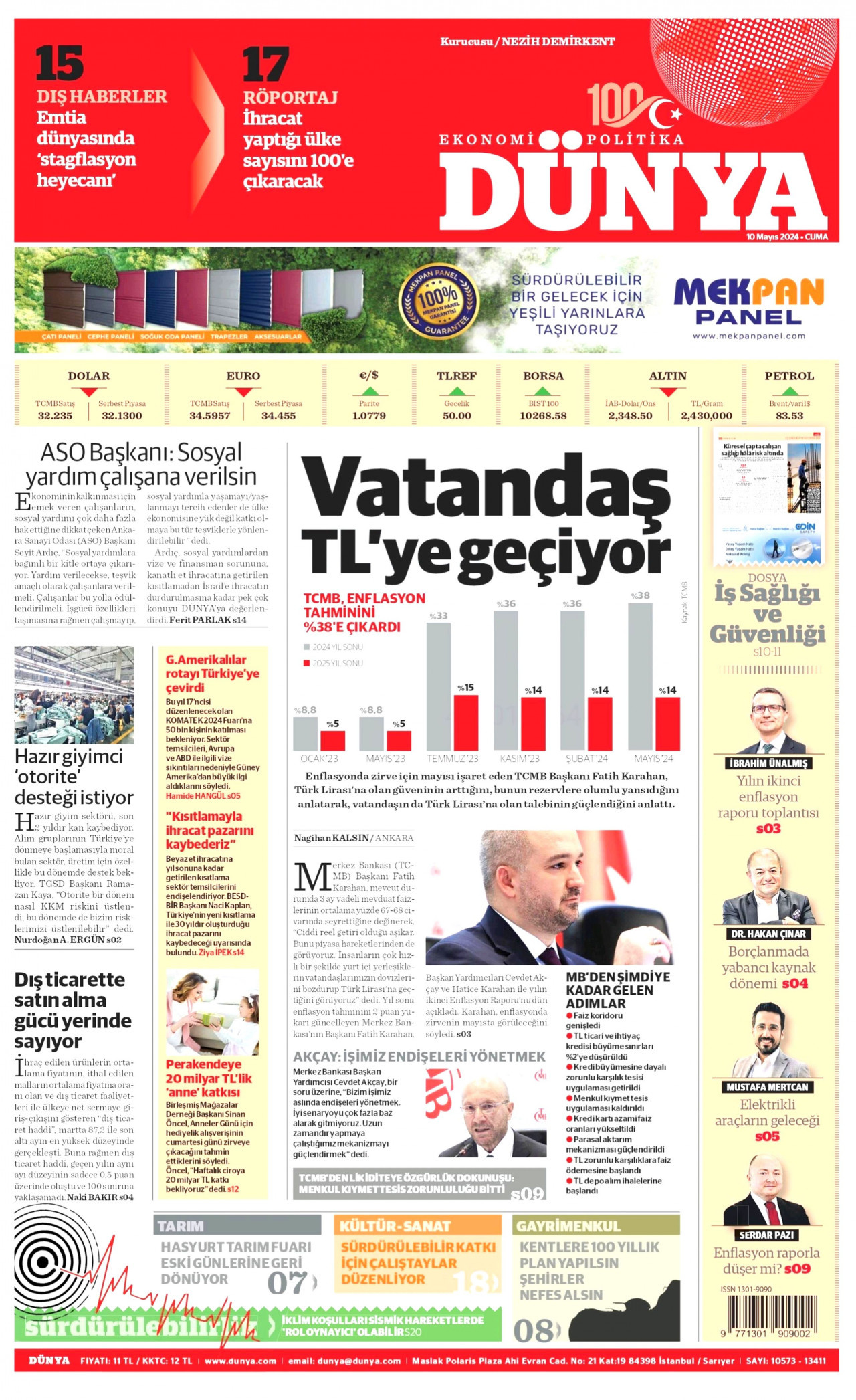 DÜNYA gazetesinin 10 Mayıs 2024 tarihli birinci sayfası