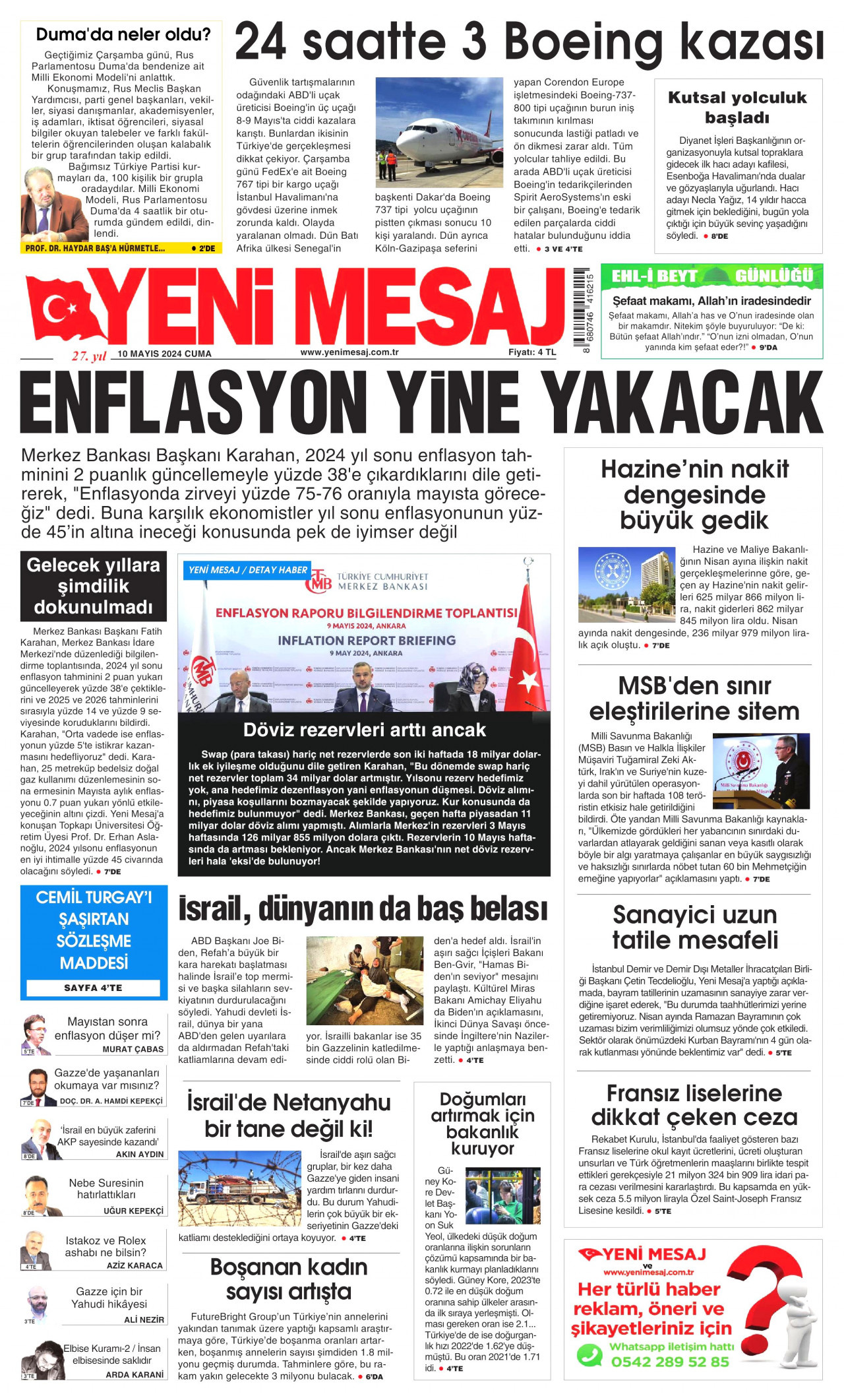 YENİ MESAJ gazetesinin 10 Mayıs 2024 tarihli birinci sayfası