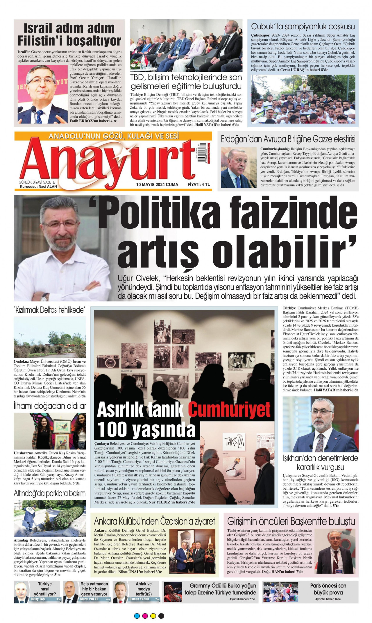 ANAYURT gazetesinin 10 Mayıs 2024 tarihli birinci sayfası