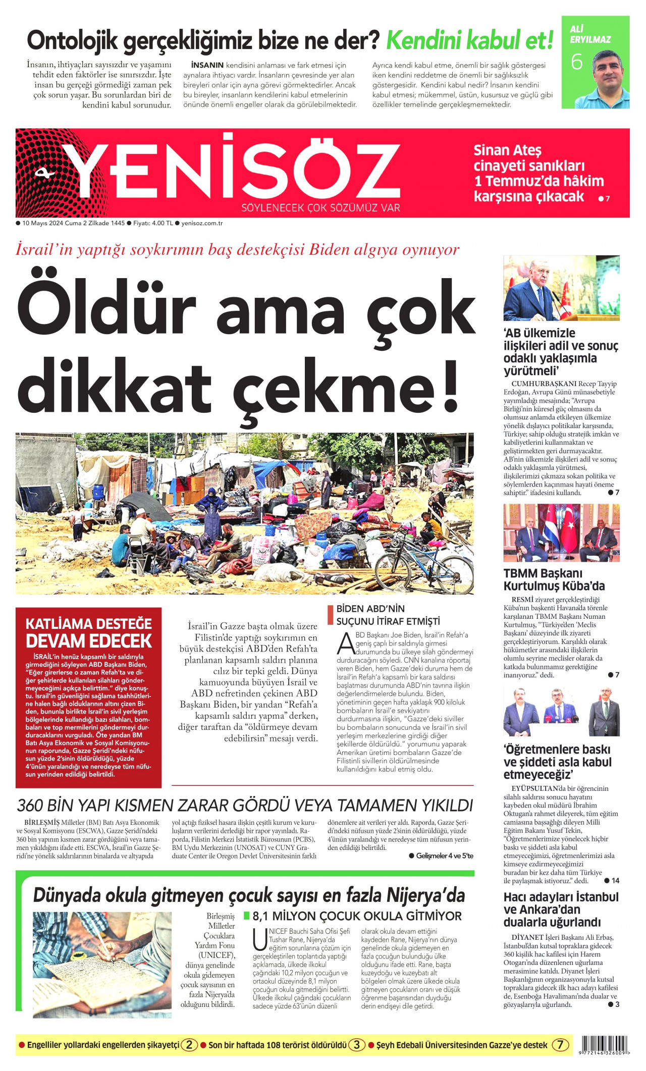 YENİ SÖZ GAZETESİ gazetesinin 10 Mayıs 2024 tarihli birinci sayfası