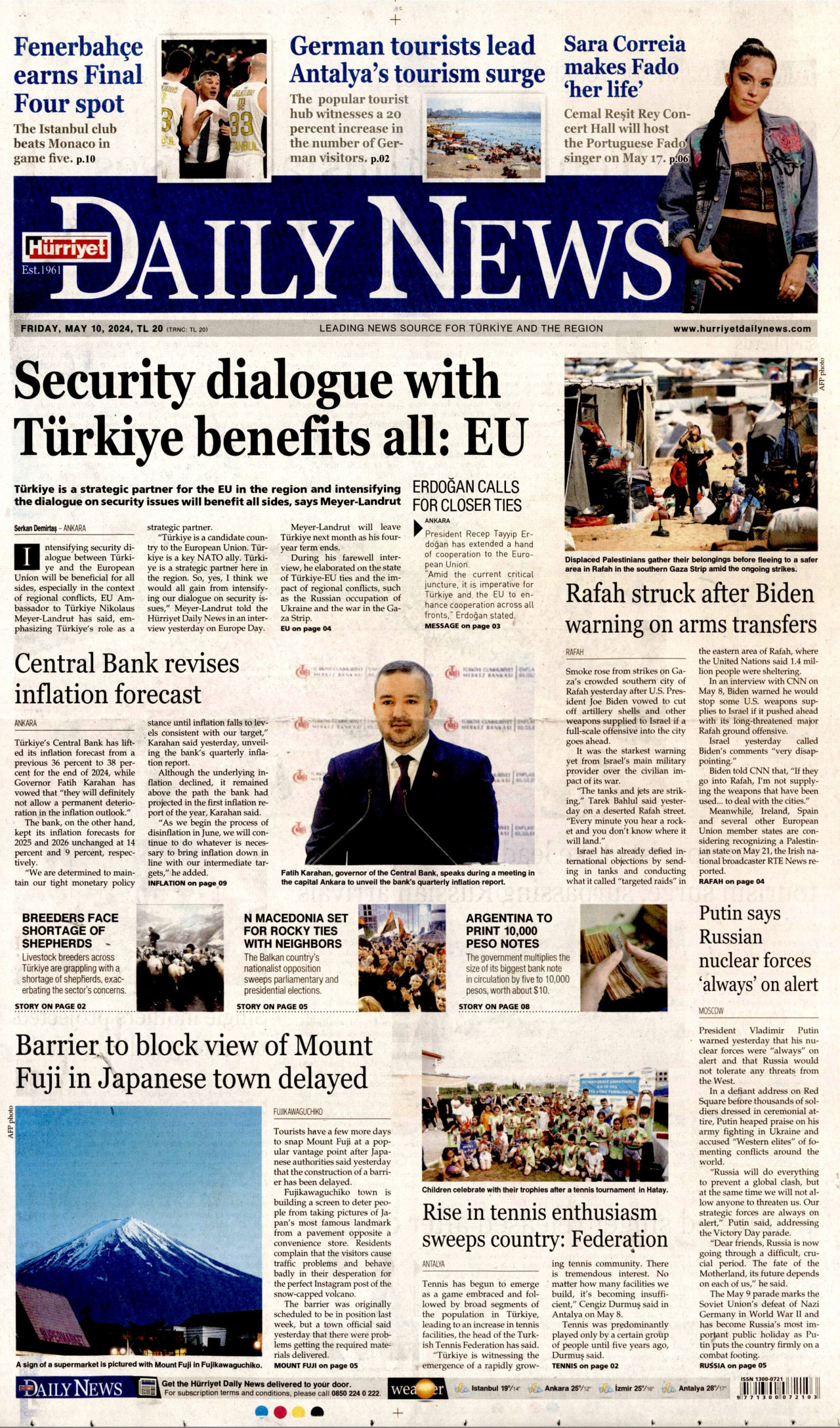 HÜRRİYET DAİLY NEWS gazetesinin 10 Mayıs 2024 tarihli birinci sayfası