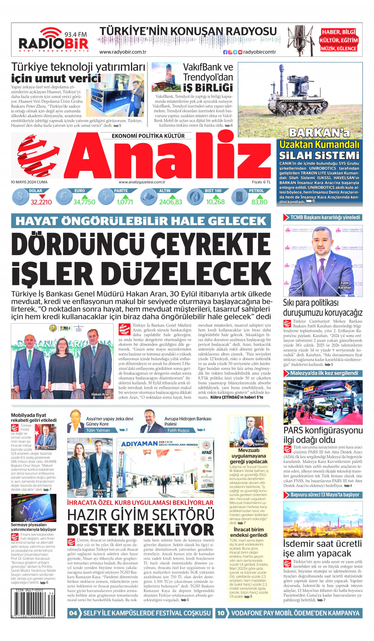 ANALİZ gazetesinin 10 Mayıs 2024 tarihli birinci sayfası