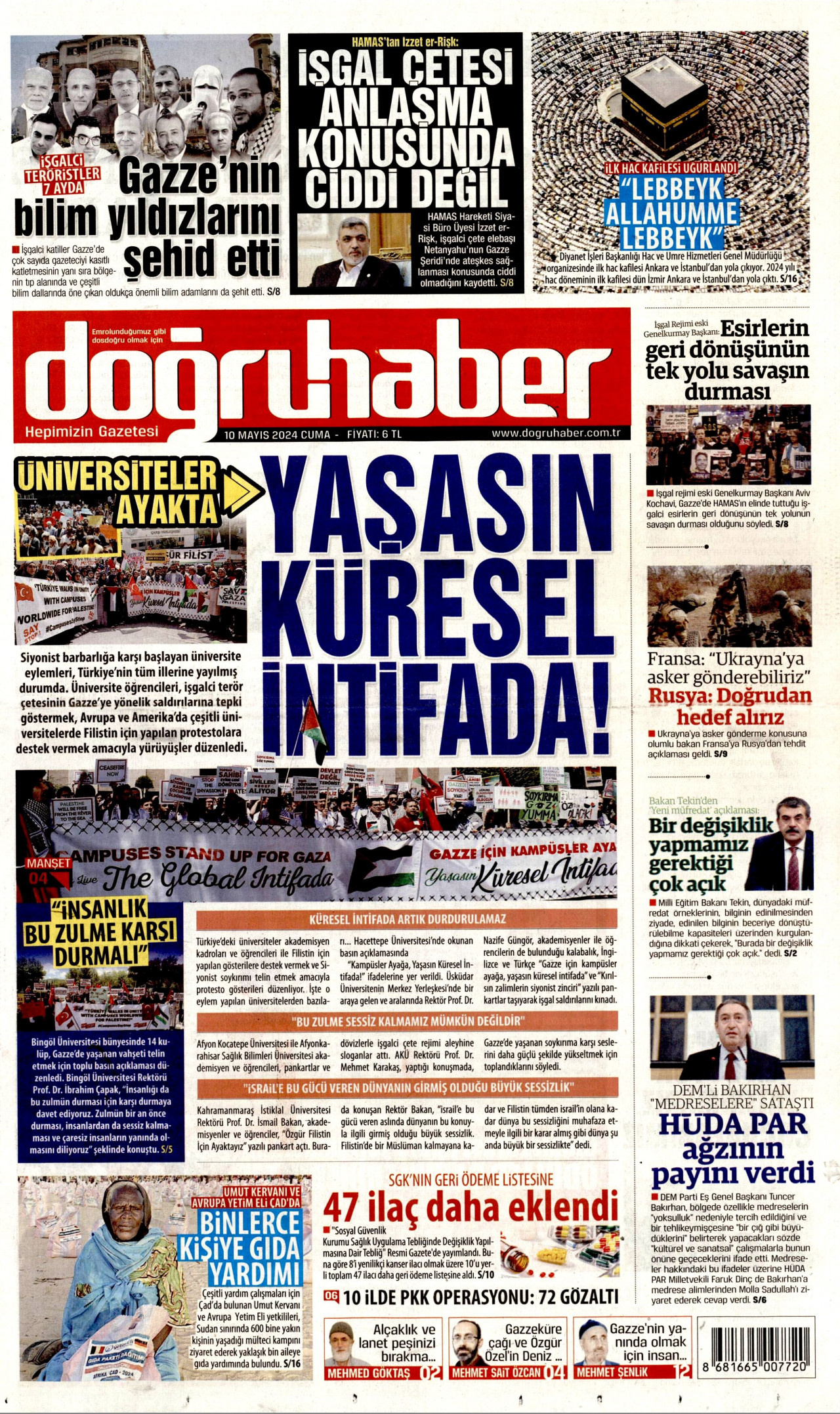 DOĞRU HABER gazetesinin 10 Mayıs 2024 tarihli birinci sayfası