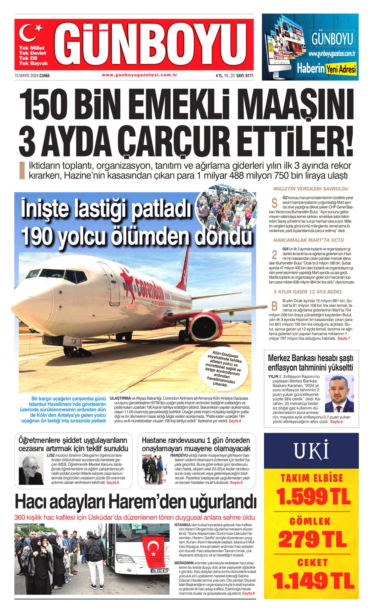 GÜNBOYU gazetesinin 10 Mayıs 2024 tarihli birinci sayfası