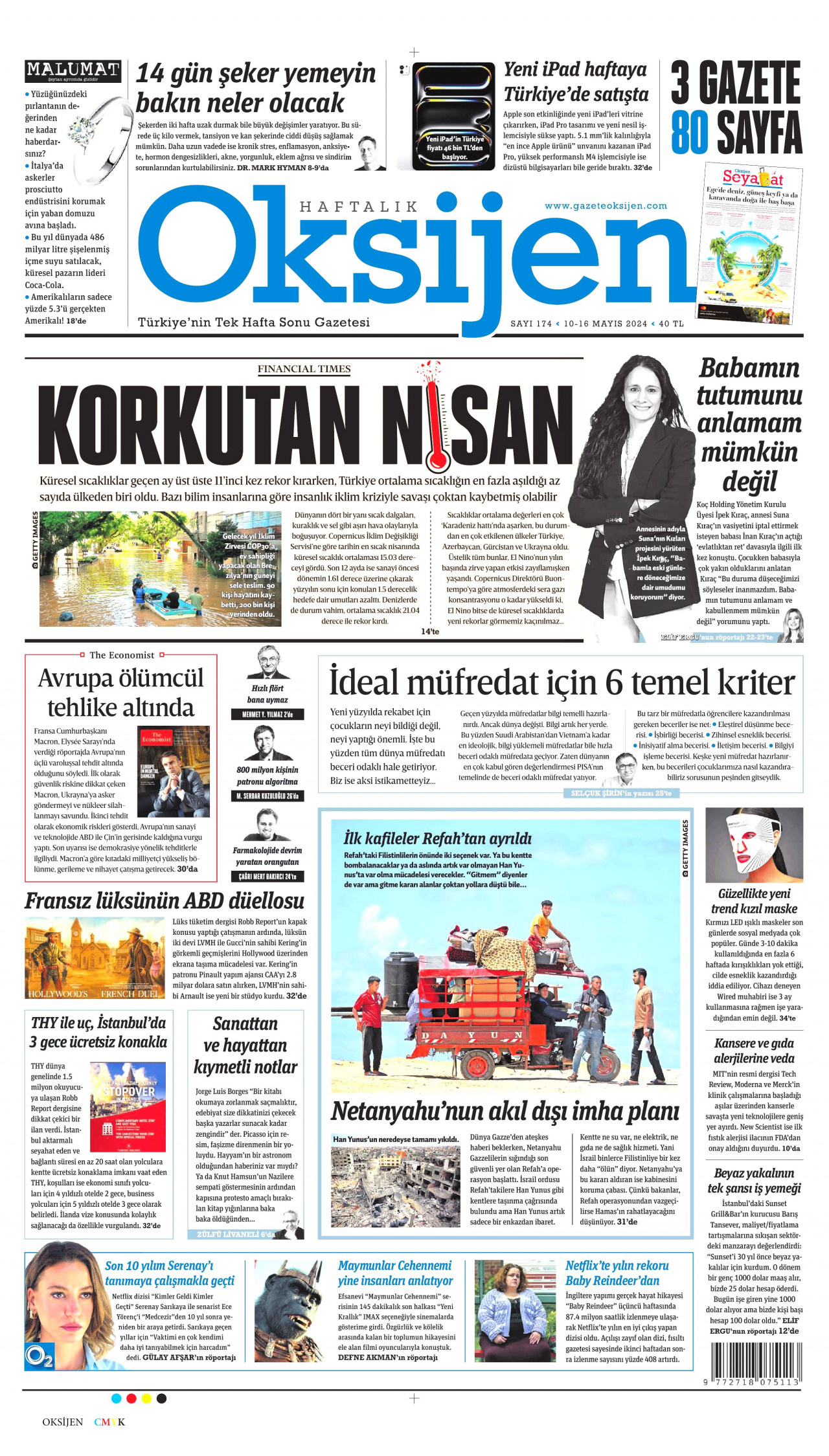 OKSİJEN gazetesinin 10 Mayıs 2024 tarihli birinci sayfası