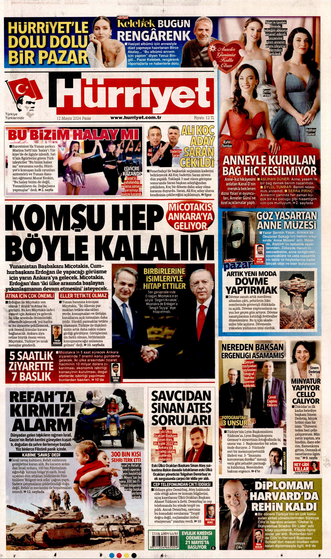 HÜRRİYET gazetesinin 12 Mayıs 2024 tarihli birinci sayfası