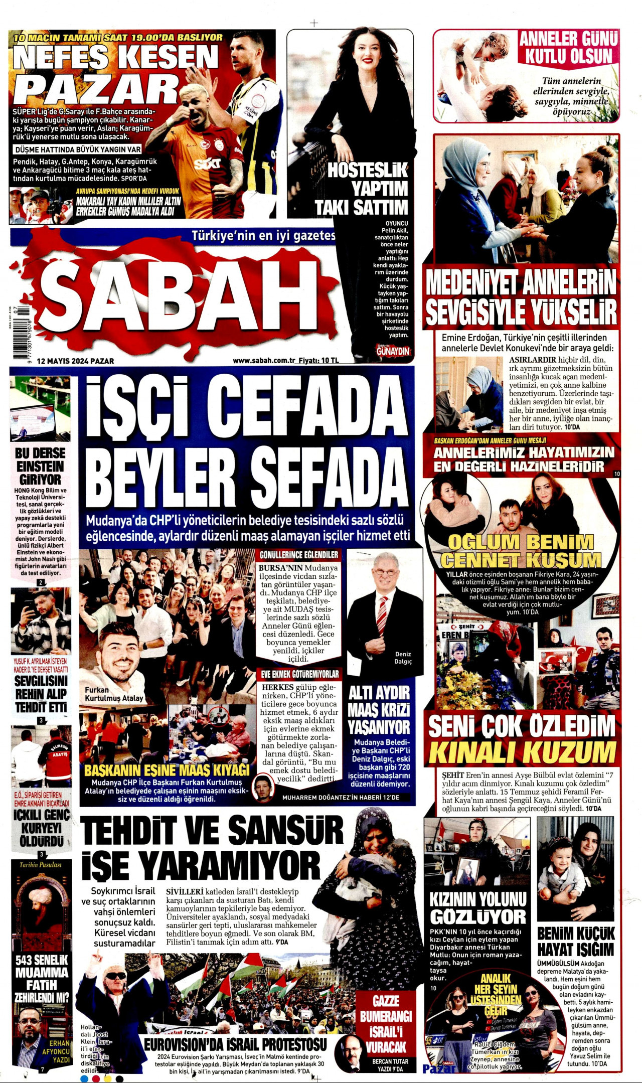 SABAH gazetesinin 12 Mayıs 2024 tarihli birinci sayfası