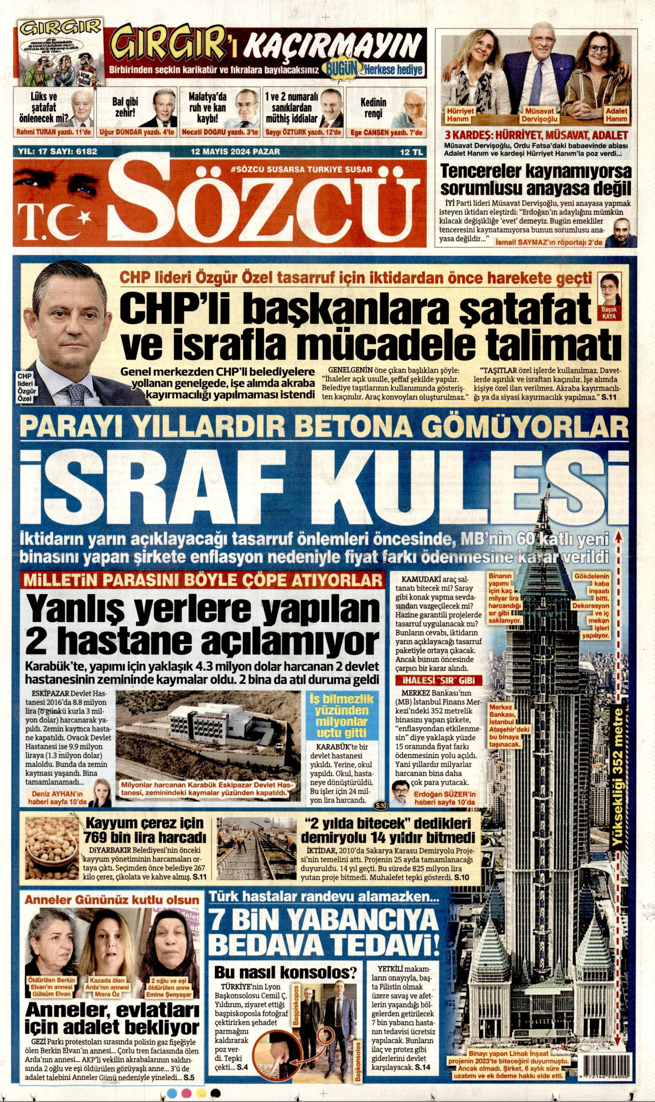 SÖZCÜ gazetesinin 12 Mayıs 2024 tarihli birinci sayfası
