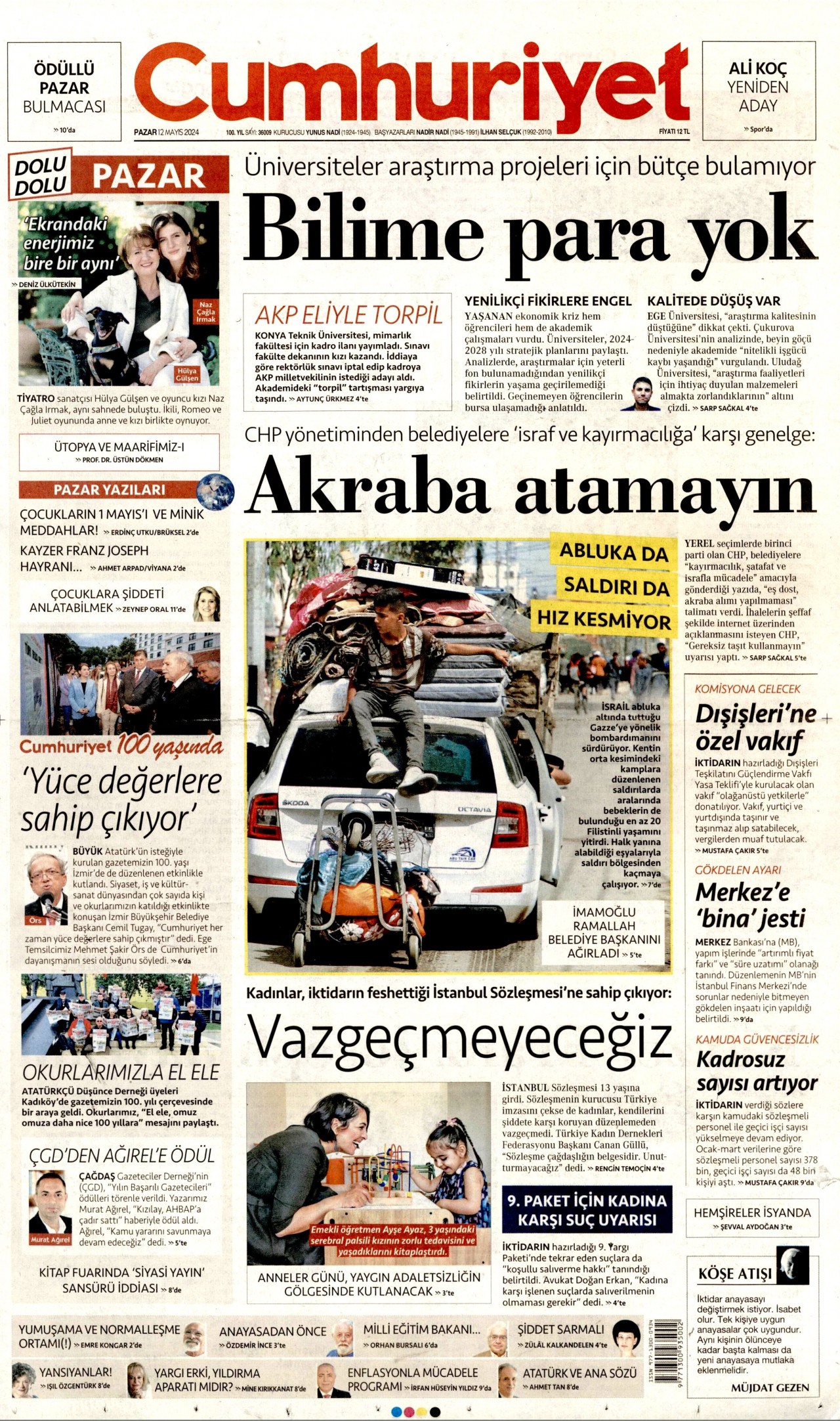CUMHURİYET gazetesinin 12 Mayıs 2024 tarihli birinci sayfası