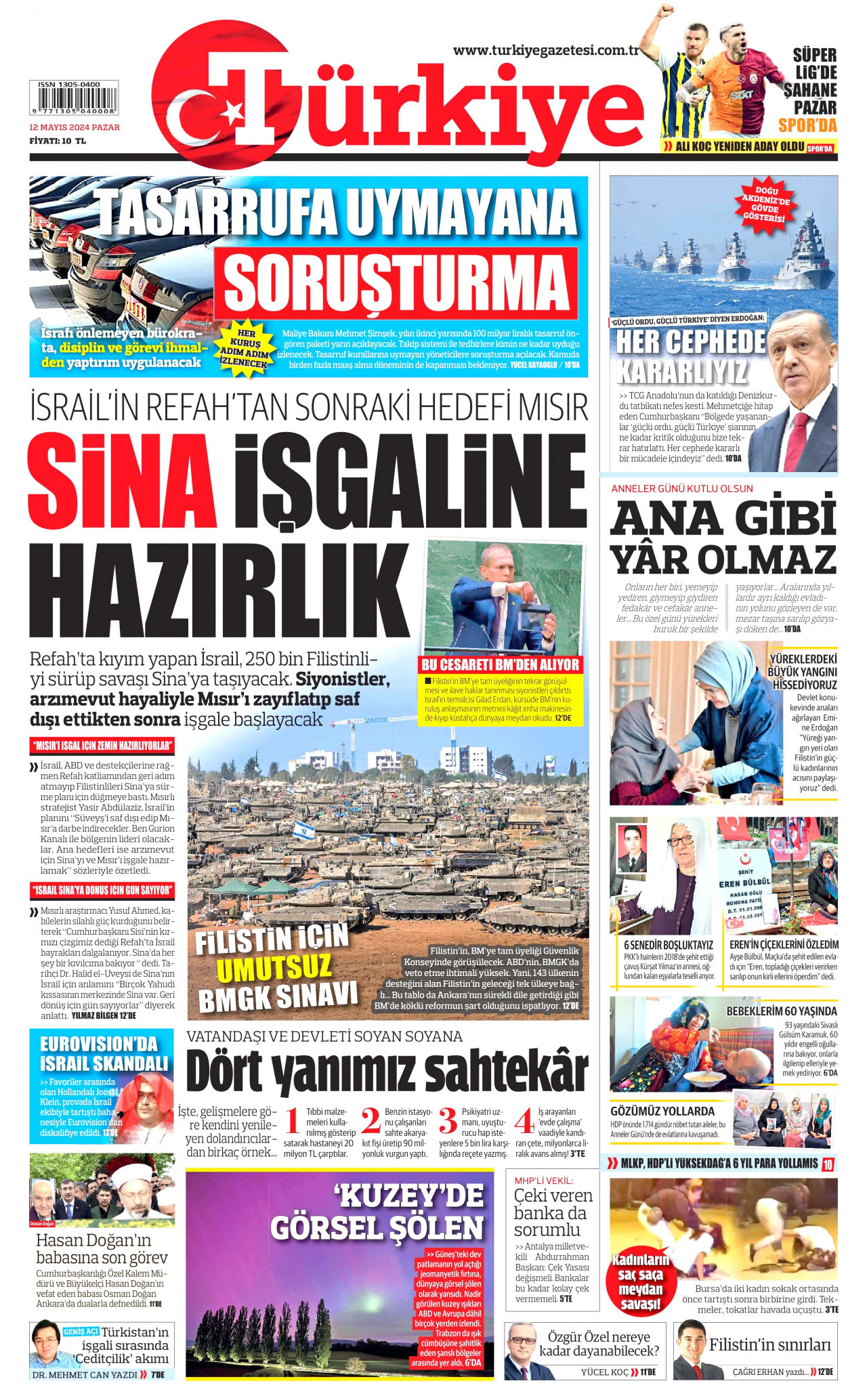 TÜRKİYE GAZETESİ gazetesinin 12 Mayıs 2024 tarihli birinci sayfası