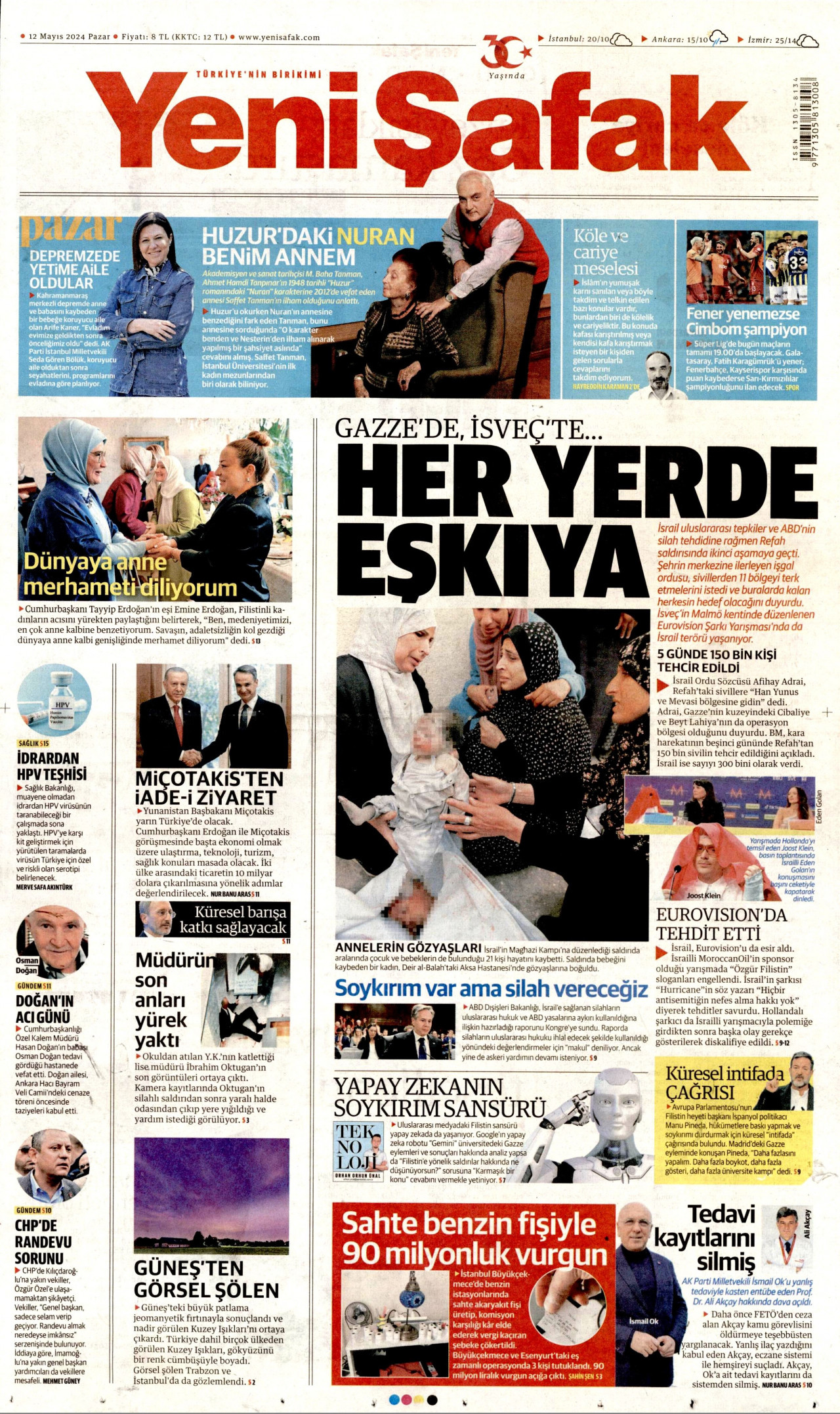 YENİ ŞAFAK gazetesinin 12 Mayıs 2024 tarihli birinci sayfası