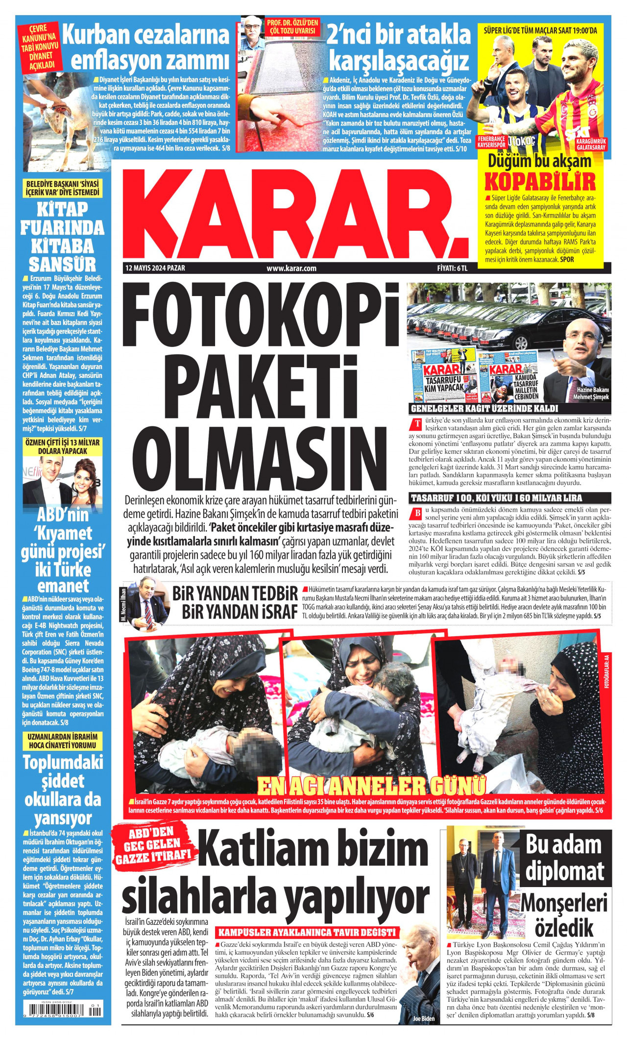 KARAR gazetesinin 12 Mayıs 2024 tarihli birinci sayfası