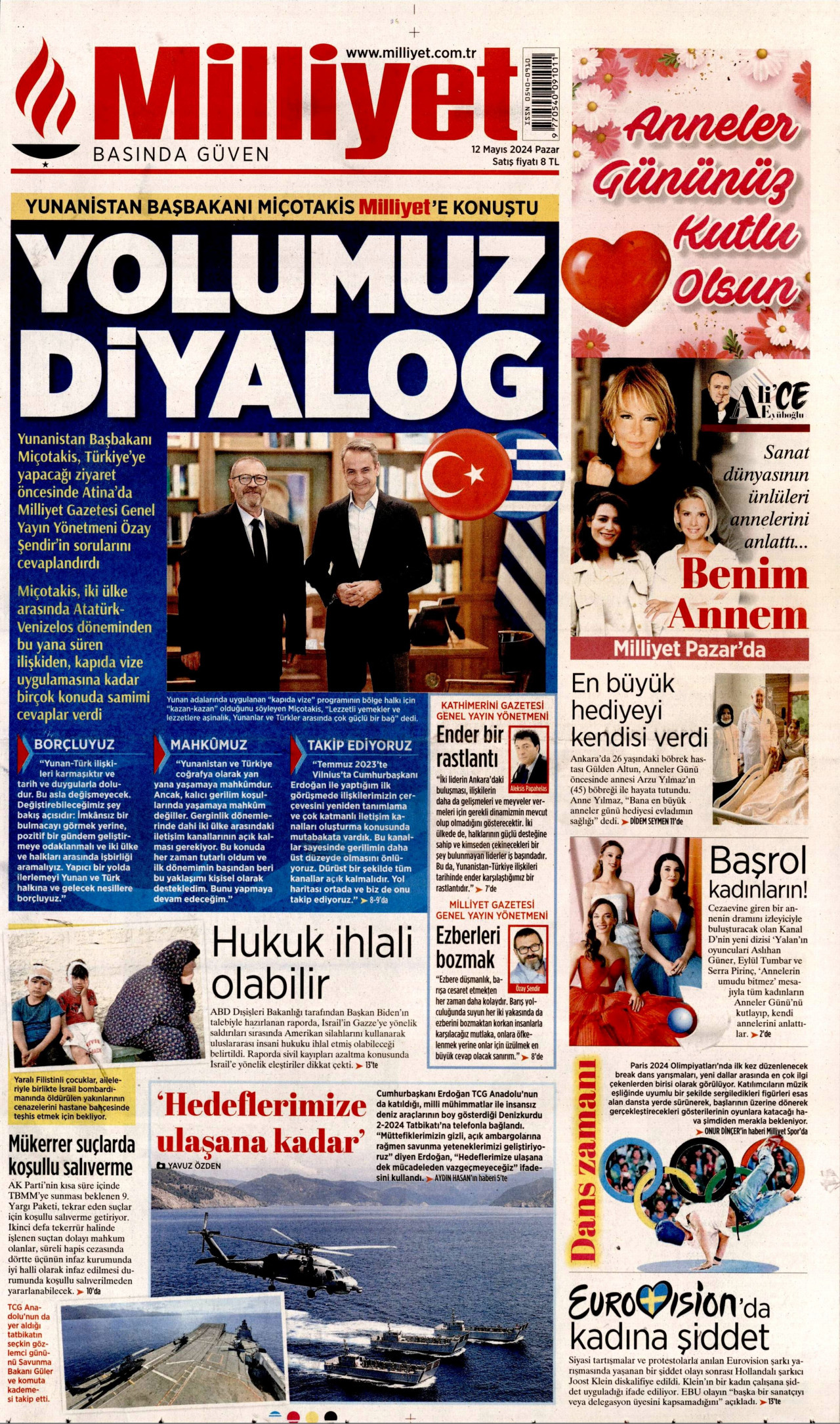 MİLLİYET gazetesinin 12 Mayıs 2024 tarihli birinci sayfası