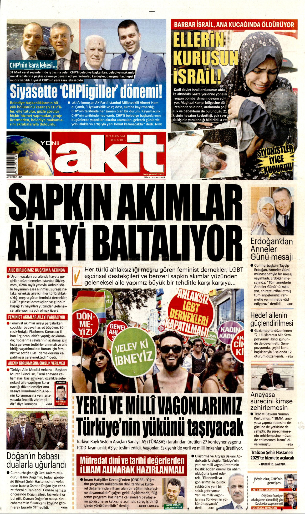 YENİ AKİT gazetesinin 12 Mayıs 2024 tarihli birinci sayfası