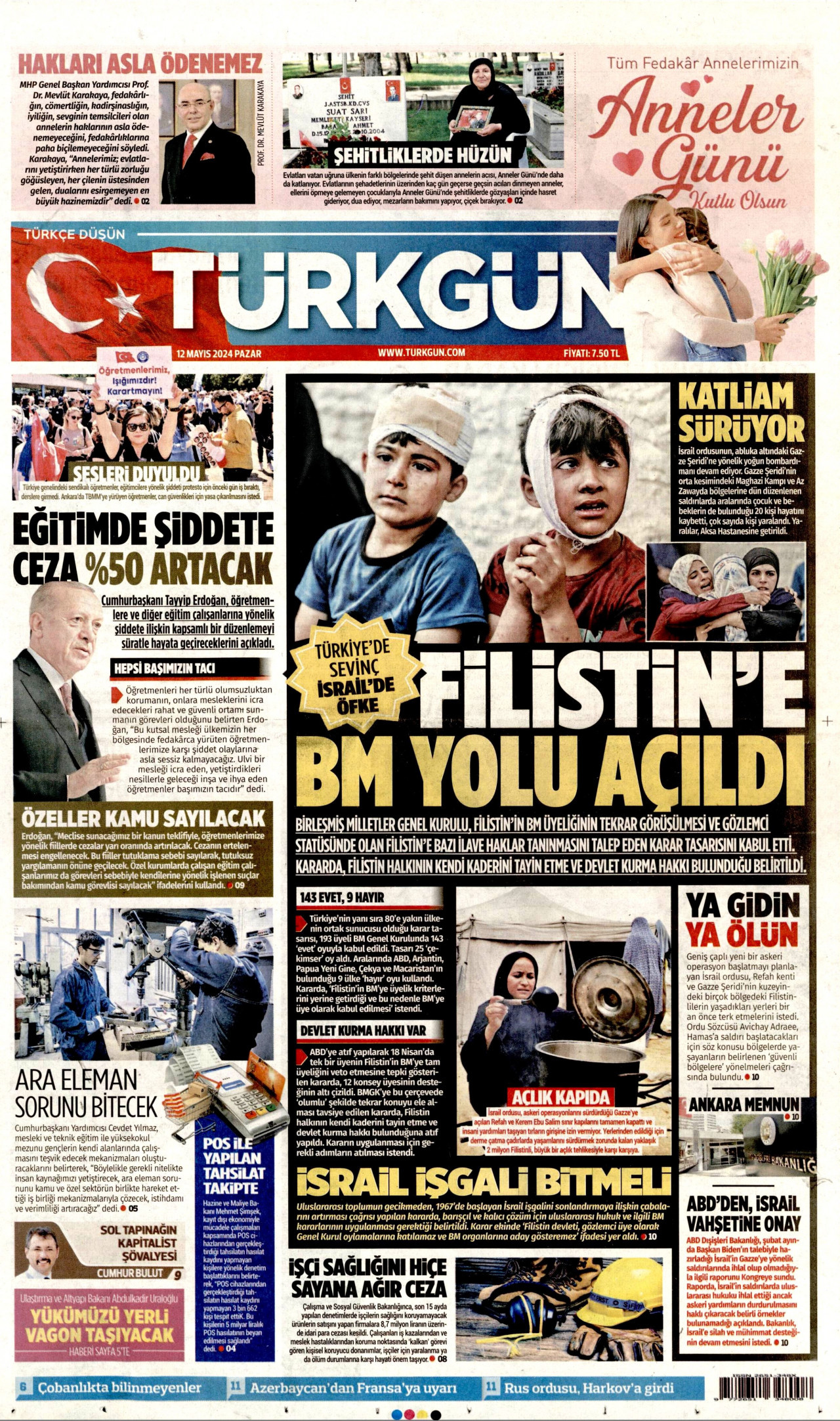 TÜRKGÜN gazetesinin 12 Mayıs 2024 tarihli birinci sayfası