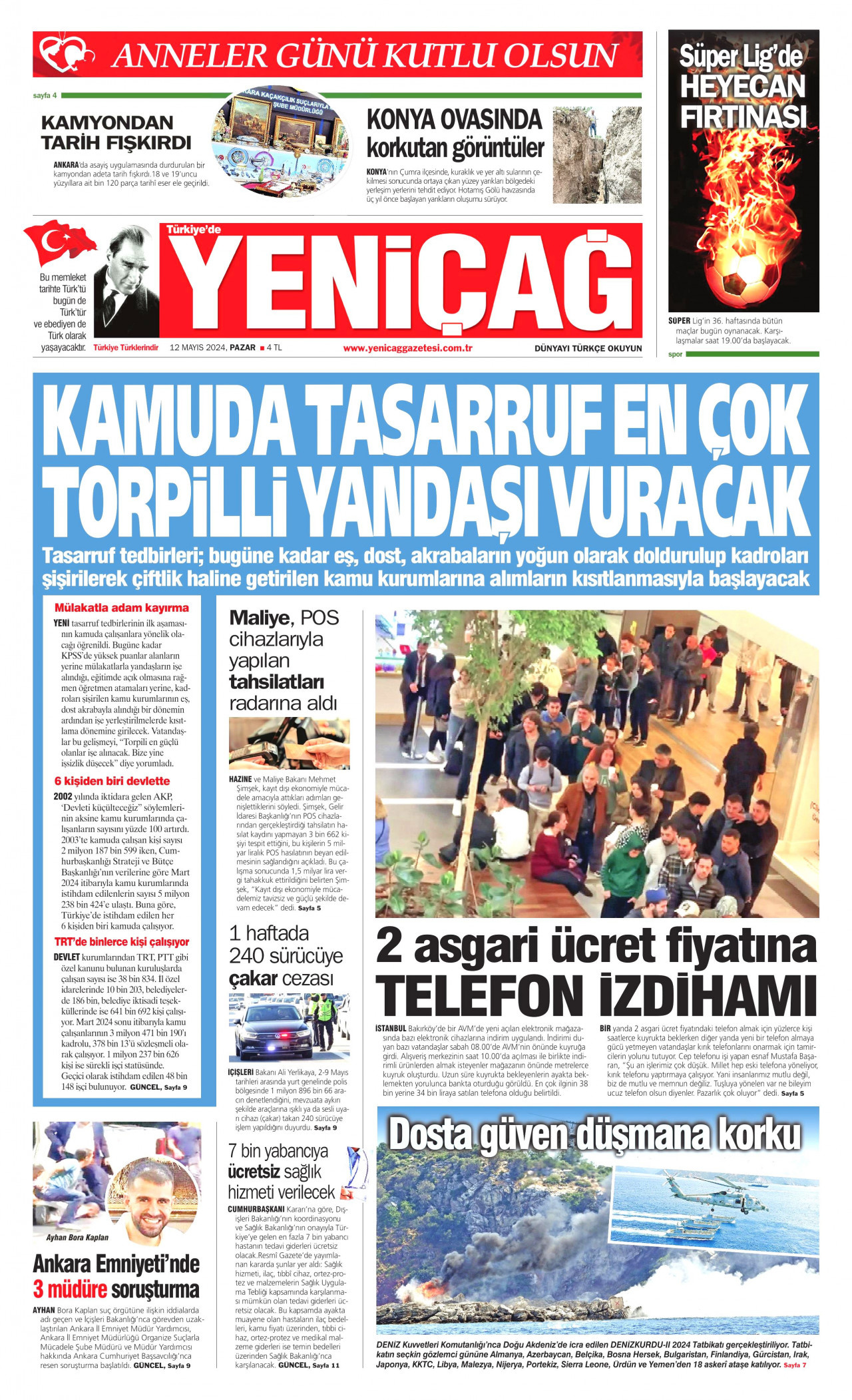 YENİÇAĞ gazetesinin 12 Mayıs 2024 tarihli birinci sayfası
