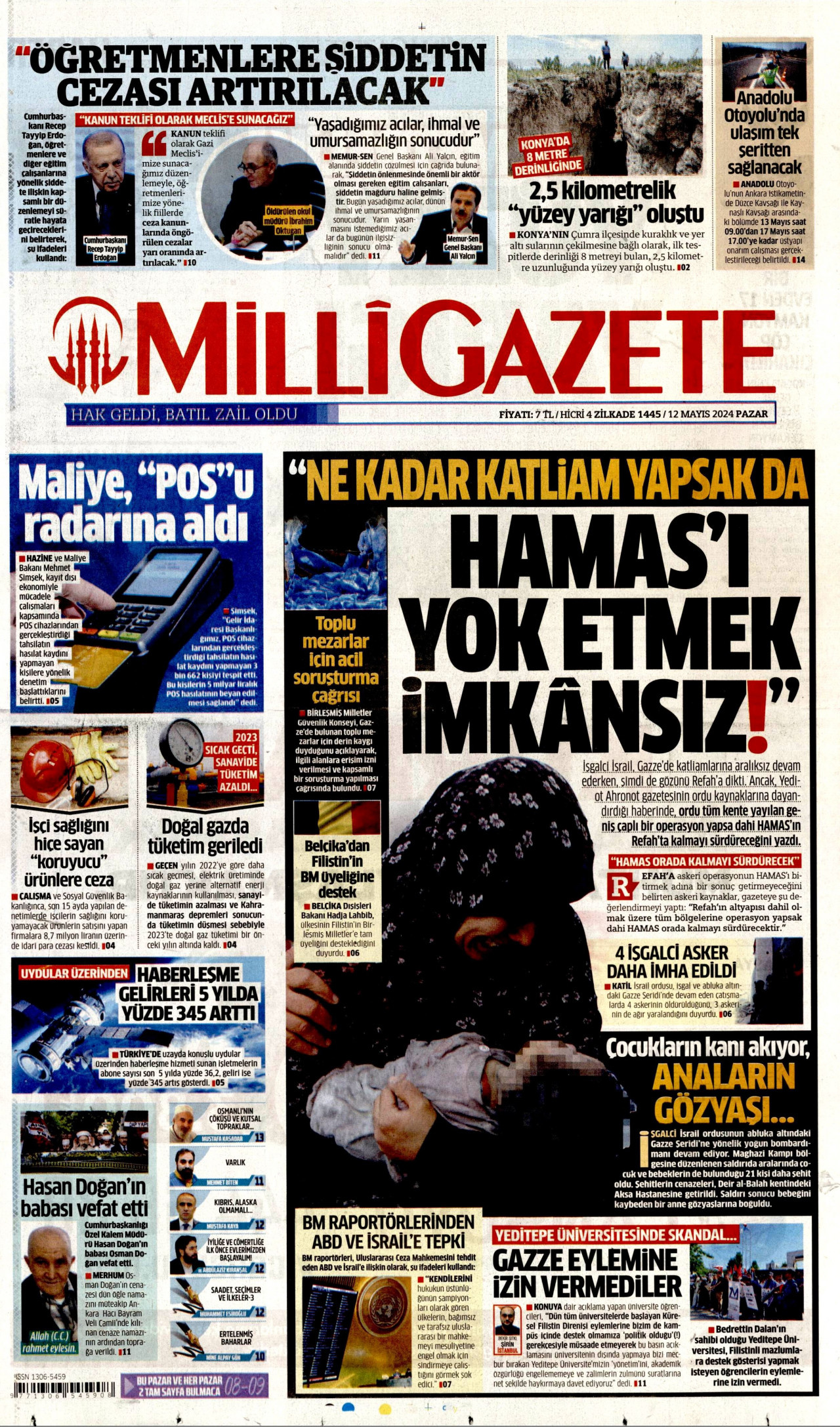 MİLLİ GAZETE gazetesinin 12 Mayıs 2024 tarihli birinci sayfası