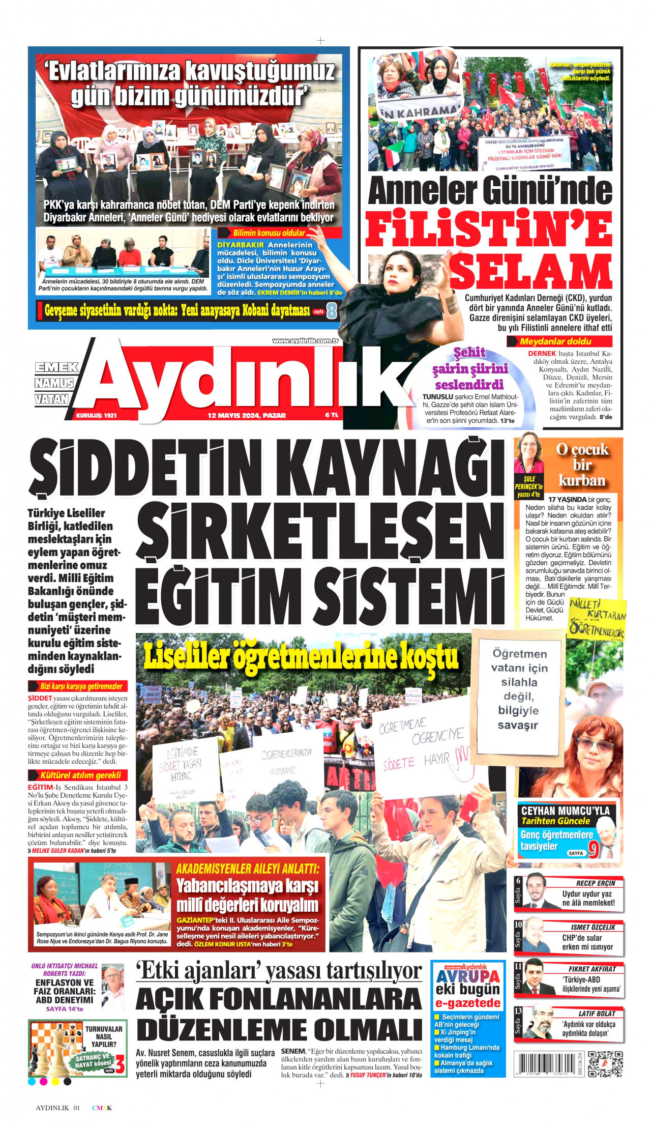 AYDINLIK GAZETESİ gazetesinin 12 Mayıs 2024 tarihli birinci sayfası