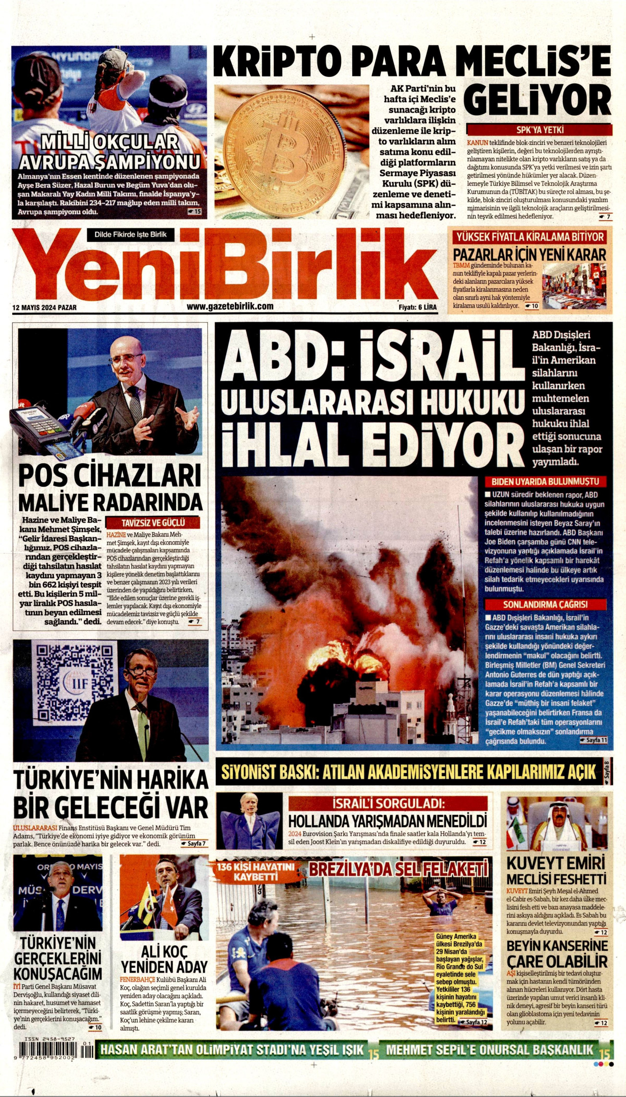 YENİBİRLİK gazetesinin 12 Mayıs 2024 tarihli birinci sayfası
