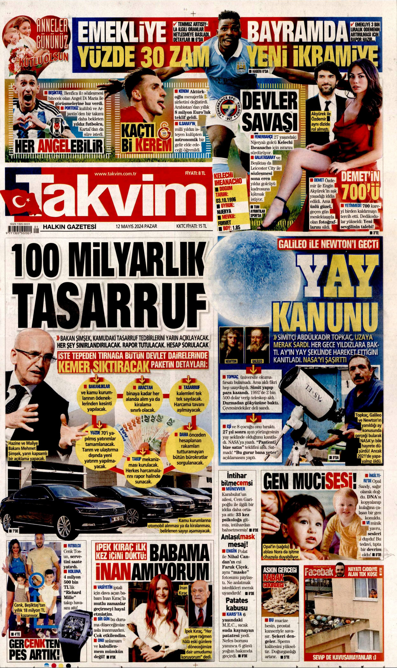 TAKVİM gazetesinin 12 Mayıs 2024 tarihli birinci sayfası