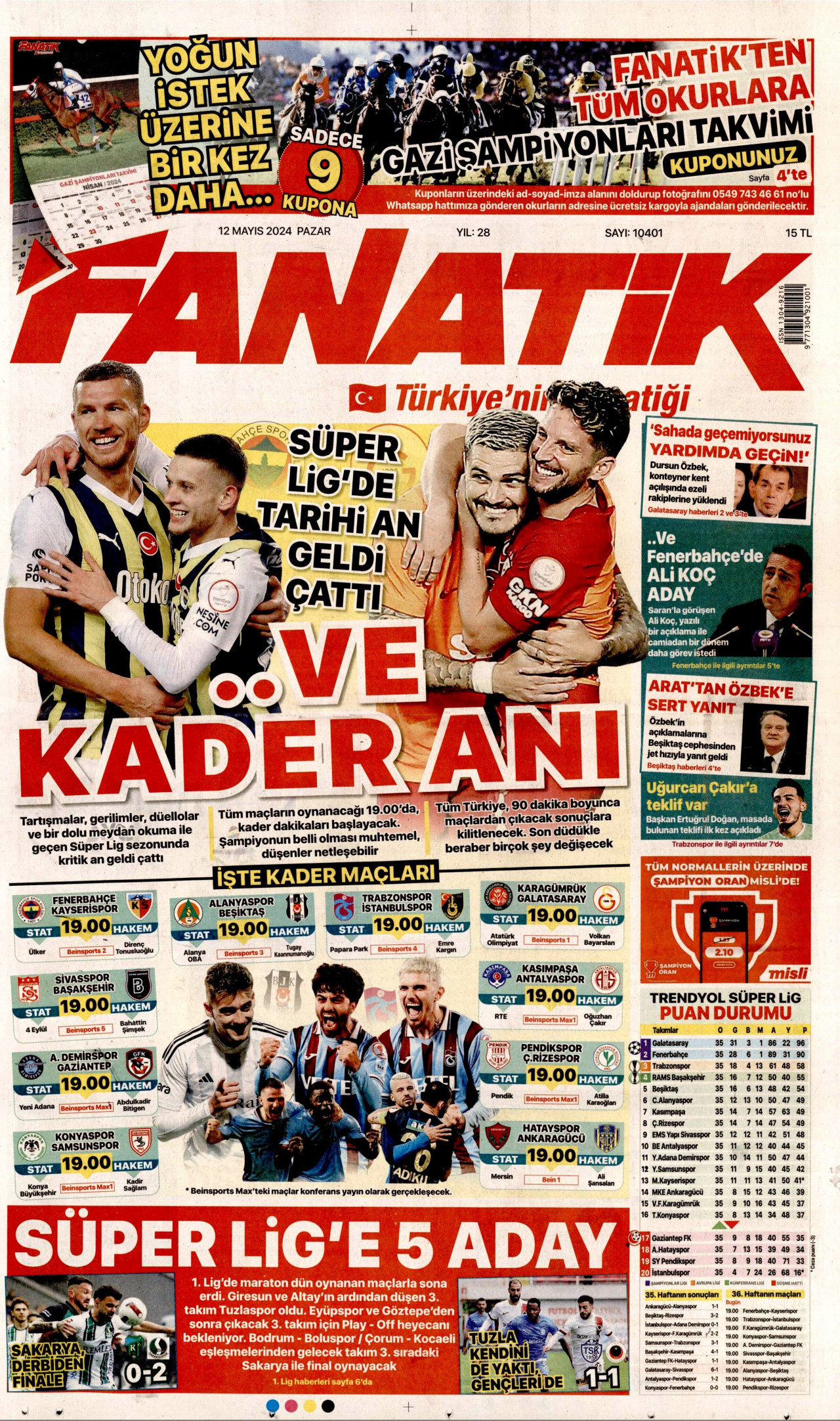 FANATİK gazetesinin 12 Mayıs 2024 tarihli birinci sayfası