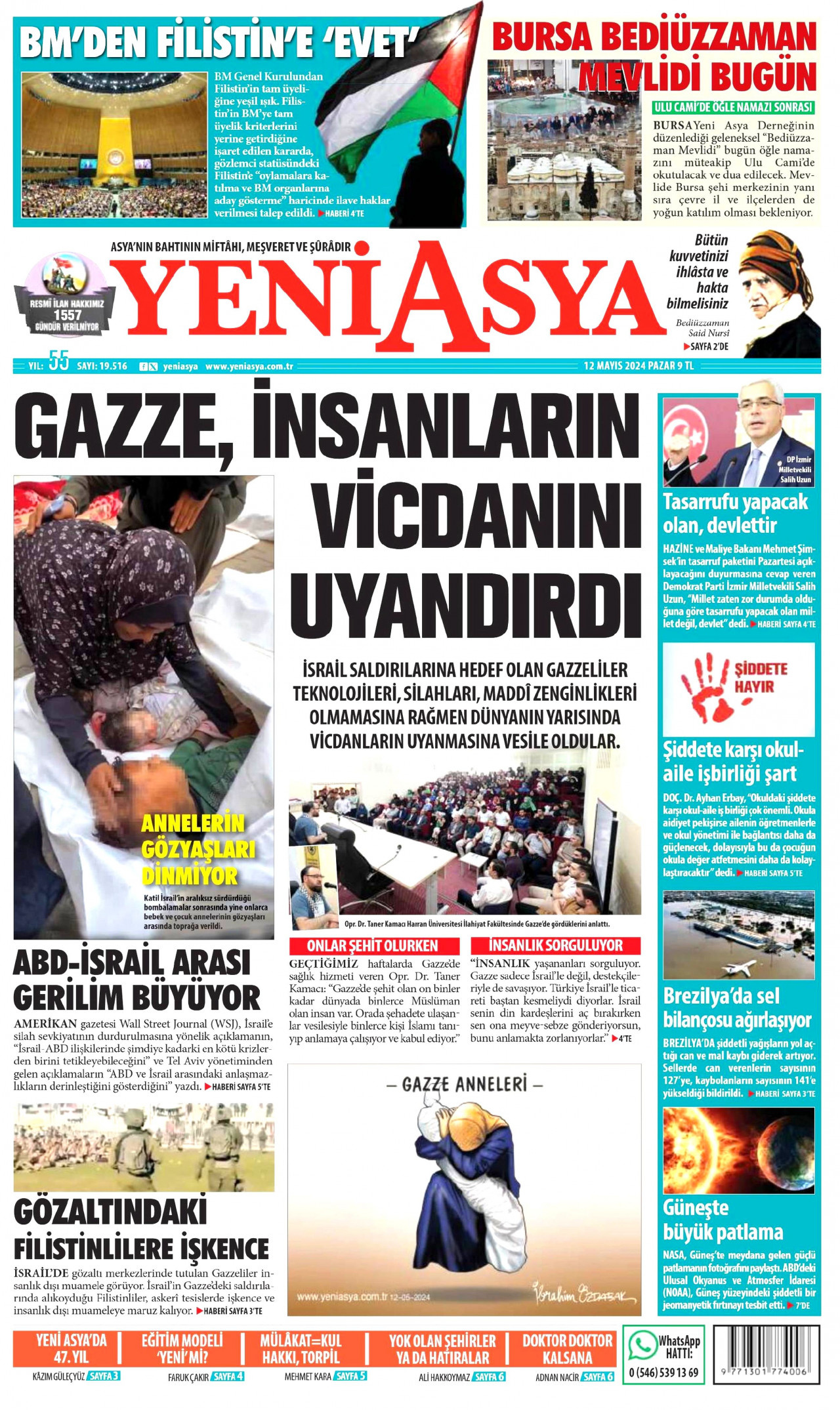 YENİ ASYA gazetesinin 12 Mayıs 2024 tarihli birinci sayfası