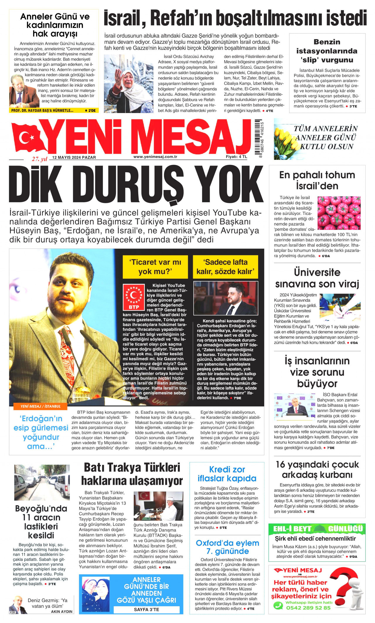 YENİ MESAJ gazetesinin 12 Mayıs 2024 tarihli birinci sayfası