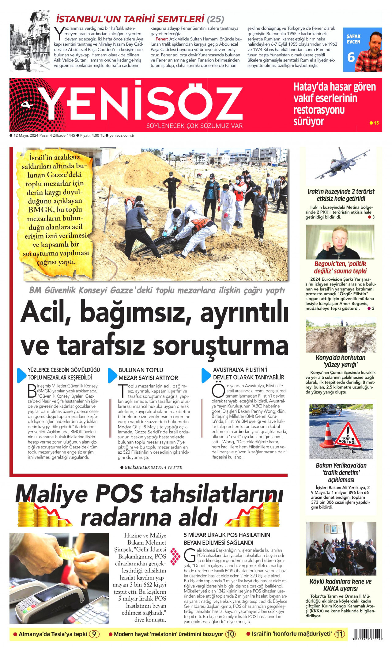 YENİ SÖZ GAZETESİ gazetesinin 12 Mayıs 2024 tarihli birinci sayfası