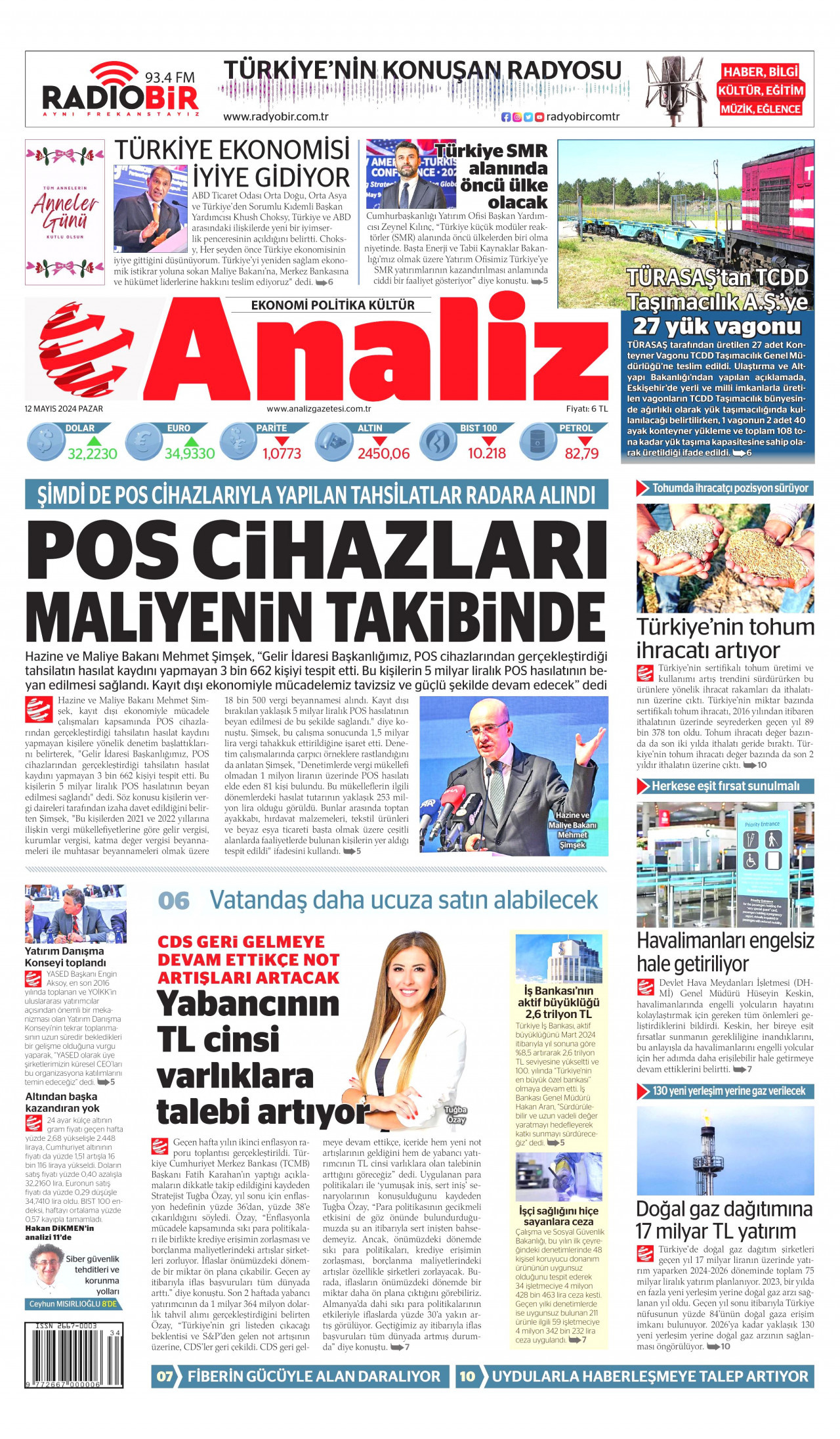 ANALİZ gazetesinin 12 Mayıs 2024 tarihli birinci sayfası