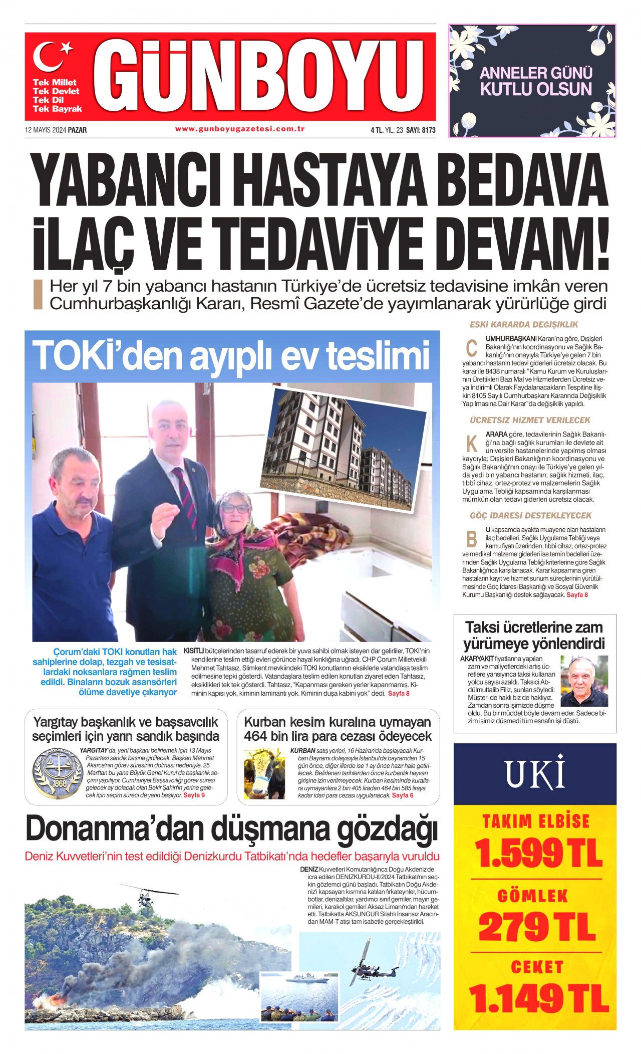 GÜNBOYU gazetesinin 12 Mayıs 2024 tarihli birinci sayfası