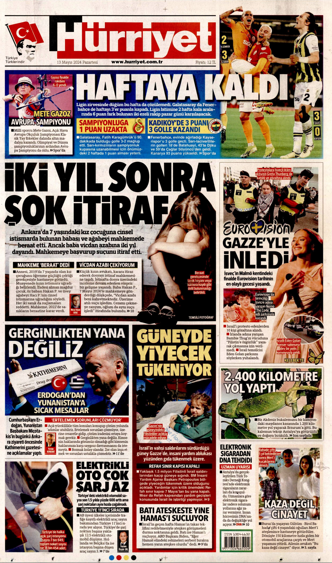 HÜRRİYET gazetesinin 13 Mayıs 2024 tarihli birinci sayfası