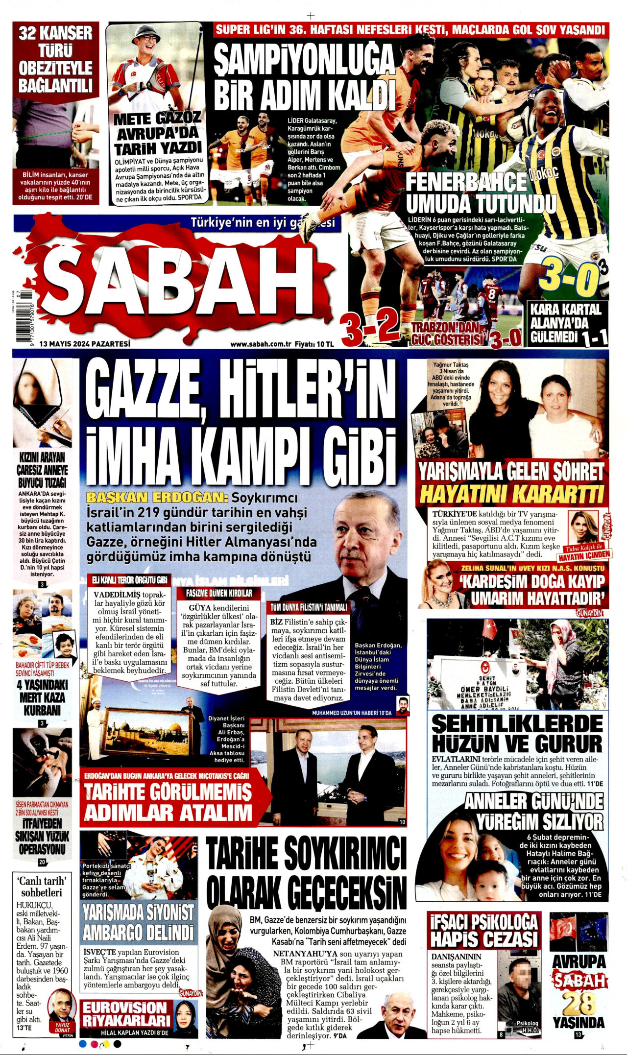 SABAH gazetesinin 13 Mayıs 2024 tarihli birinci sayfası