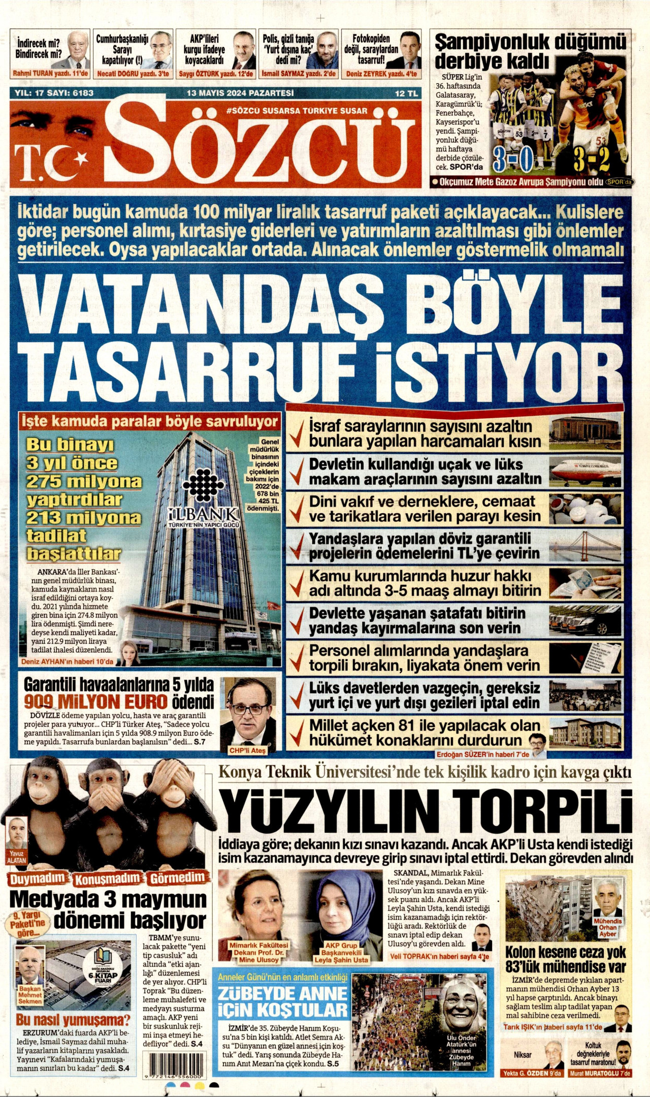 SÖZCÜ gazetesinin 13 Mayıs 2024 tarihli birinci sayfası