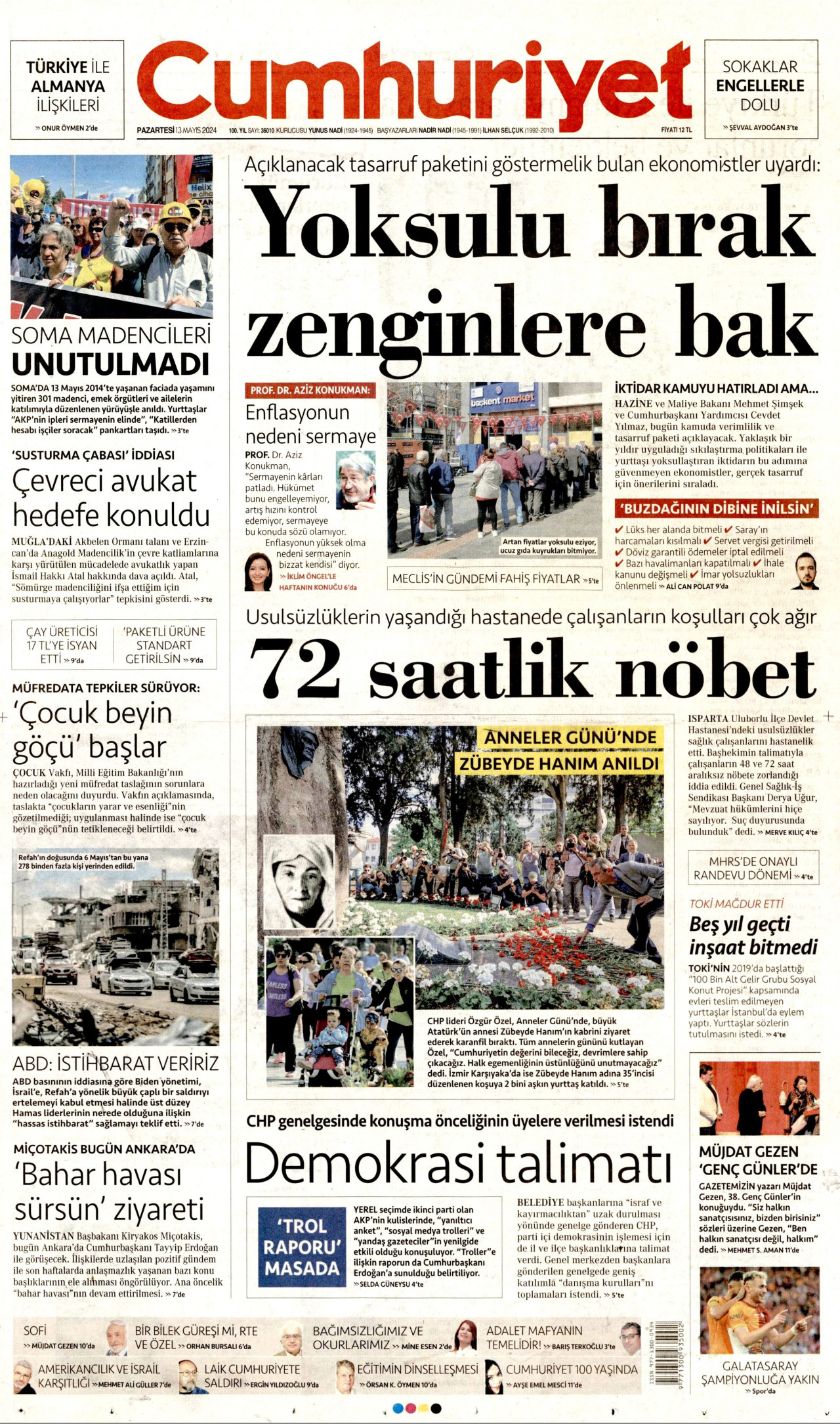 CUMHURİYET gazetesinin 13 Mayıs 2024 tarihli birinci sayfası