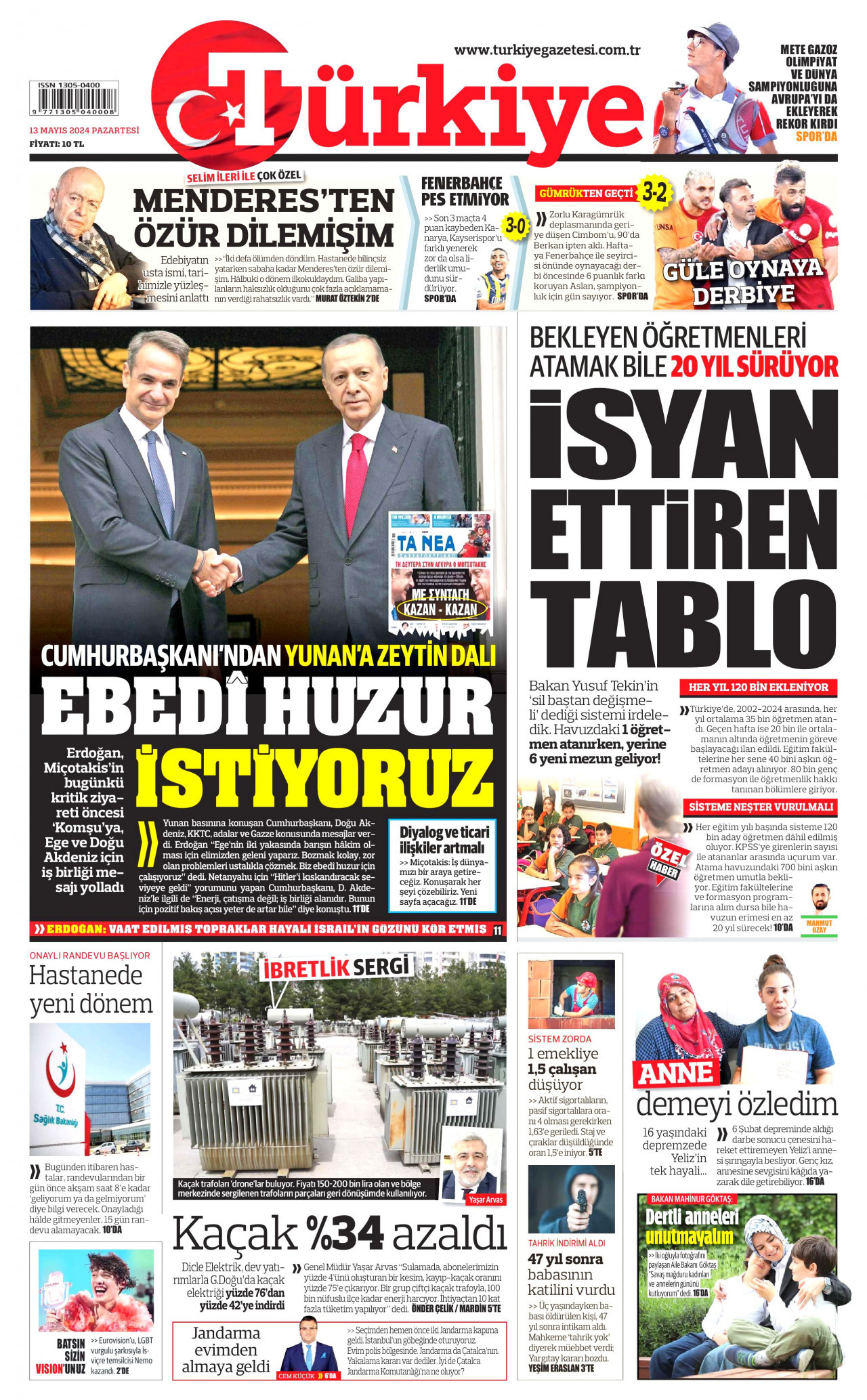TÜRKİYE GAZETESİ gazetesinin 13 Mayıs 2024 tarihli birinci sayfası
