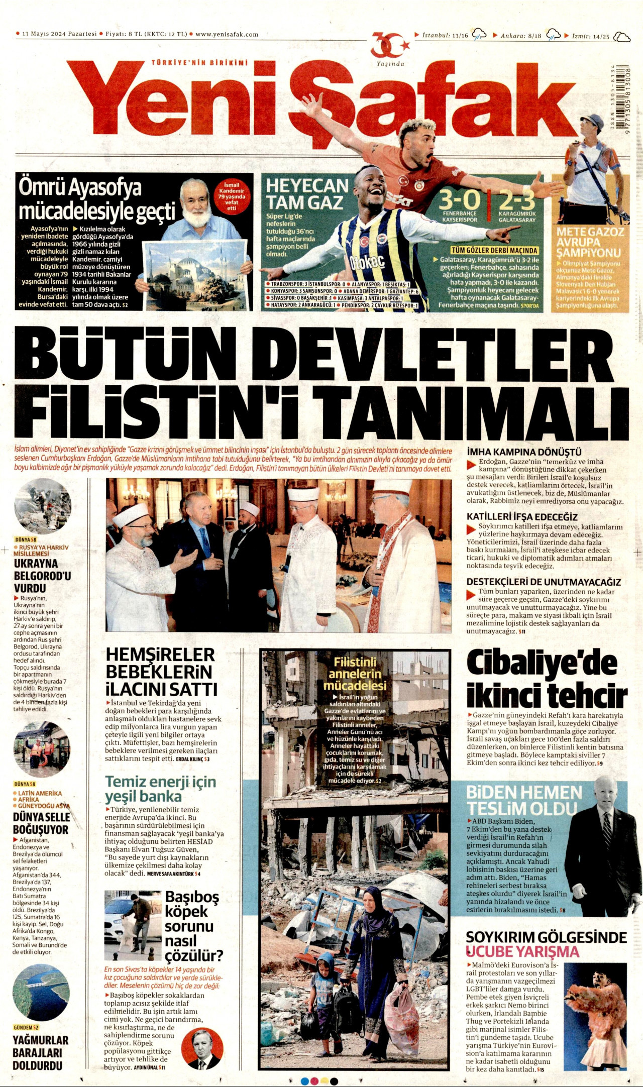 YENİ ŞAFAK gazetesinin 13 Mayıs 2024 tarihli birinci sayfası