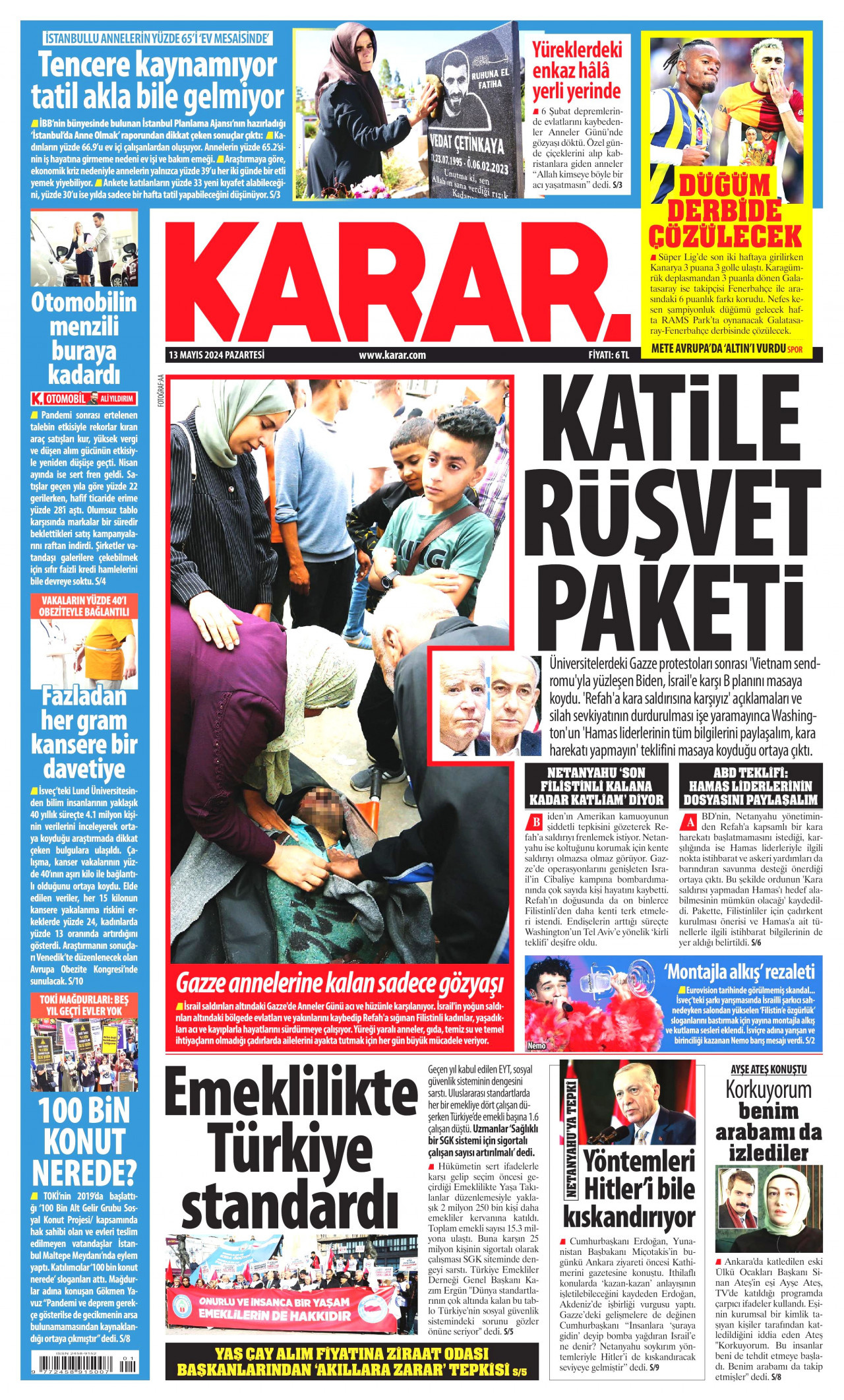 KARAR gazetesinin 13 Mayıs 2024 tarihli birinci sayfası