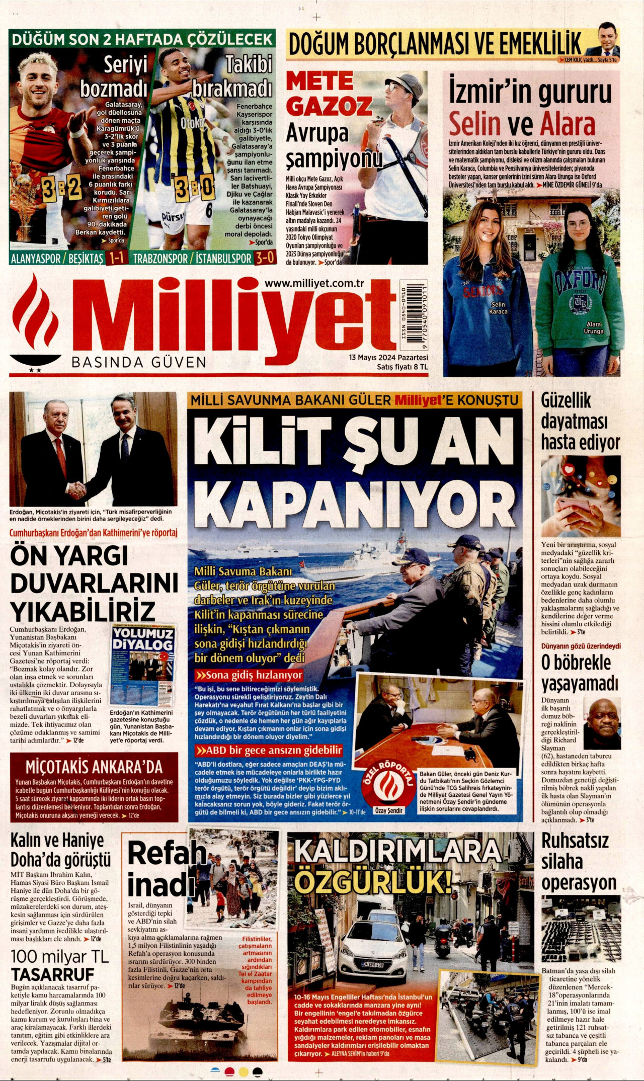 MİLLİYET gazetesinin 13 Mayıs 2024 tarihli birinci sayfası