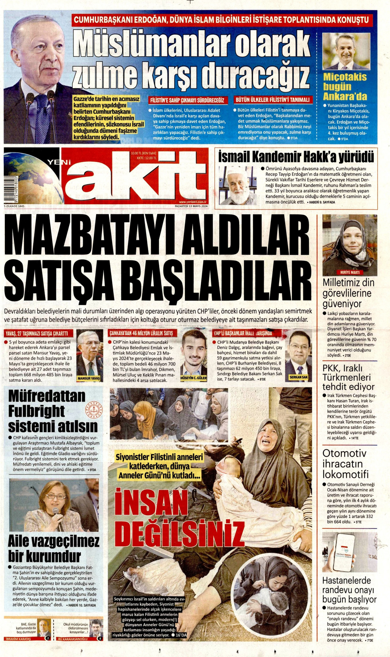 YENİ AKİT gazetesinin 13 Mayıs 2024 tarihli birinci sayfası